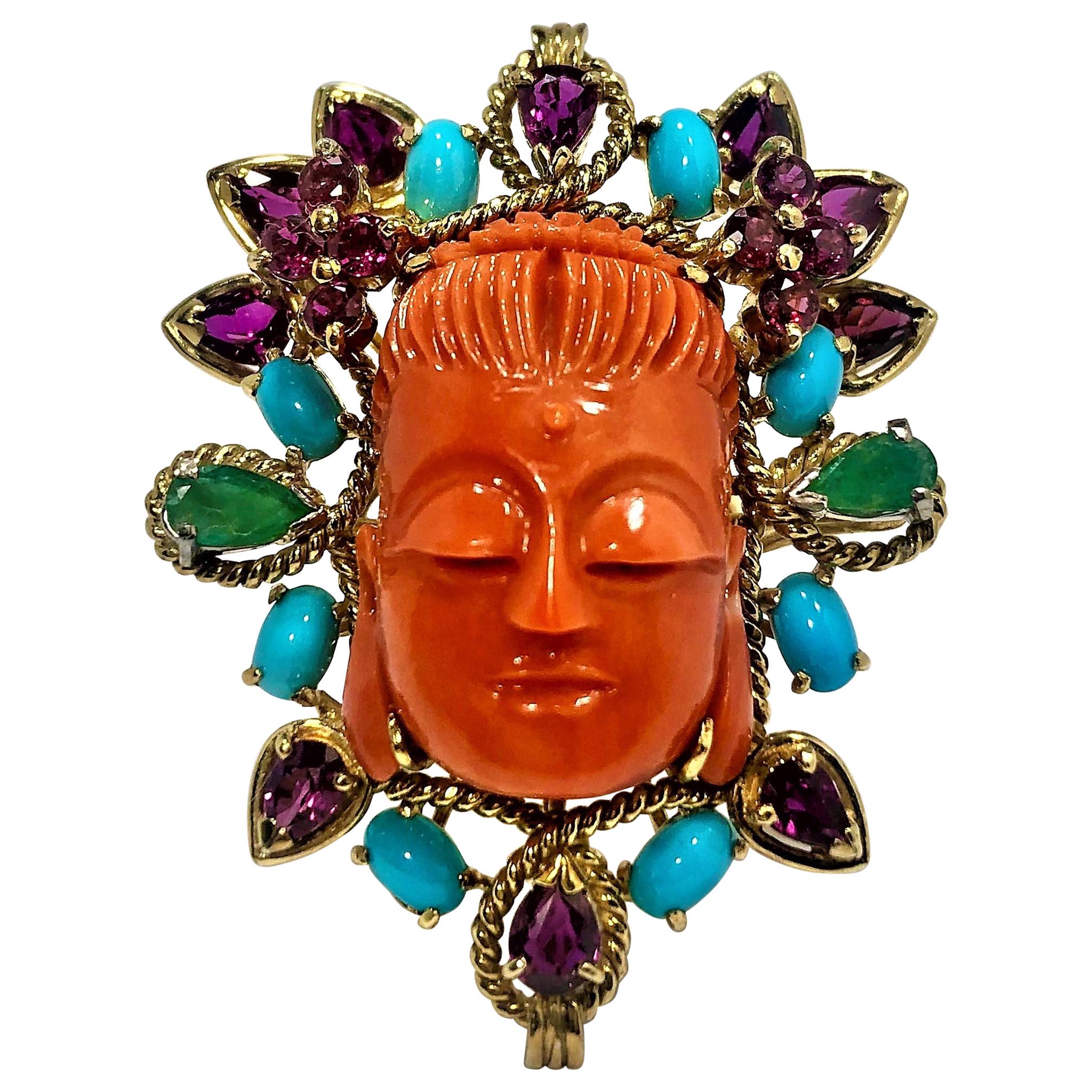 Large Scale Carved Coral Buddah Ring with Pink Sapphires Turquoise and Emeralds