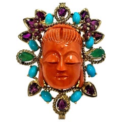 Retro Large Scale Carved Coral Buddah Ring with Pink Sapphires Turquoise and Emeralds