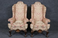 Large Scale Carved Mahogany Chippendale Wingback Lounge Chairs