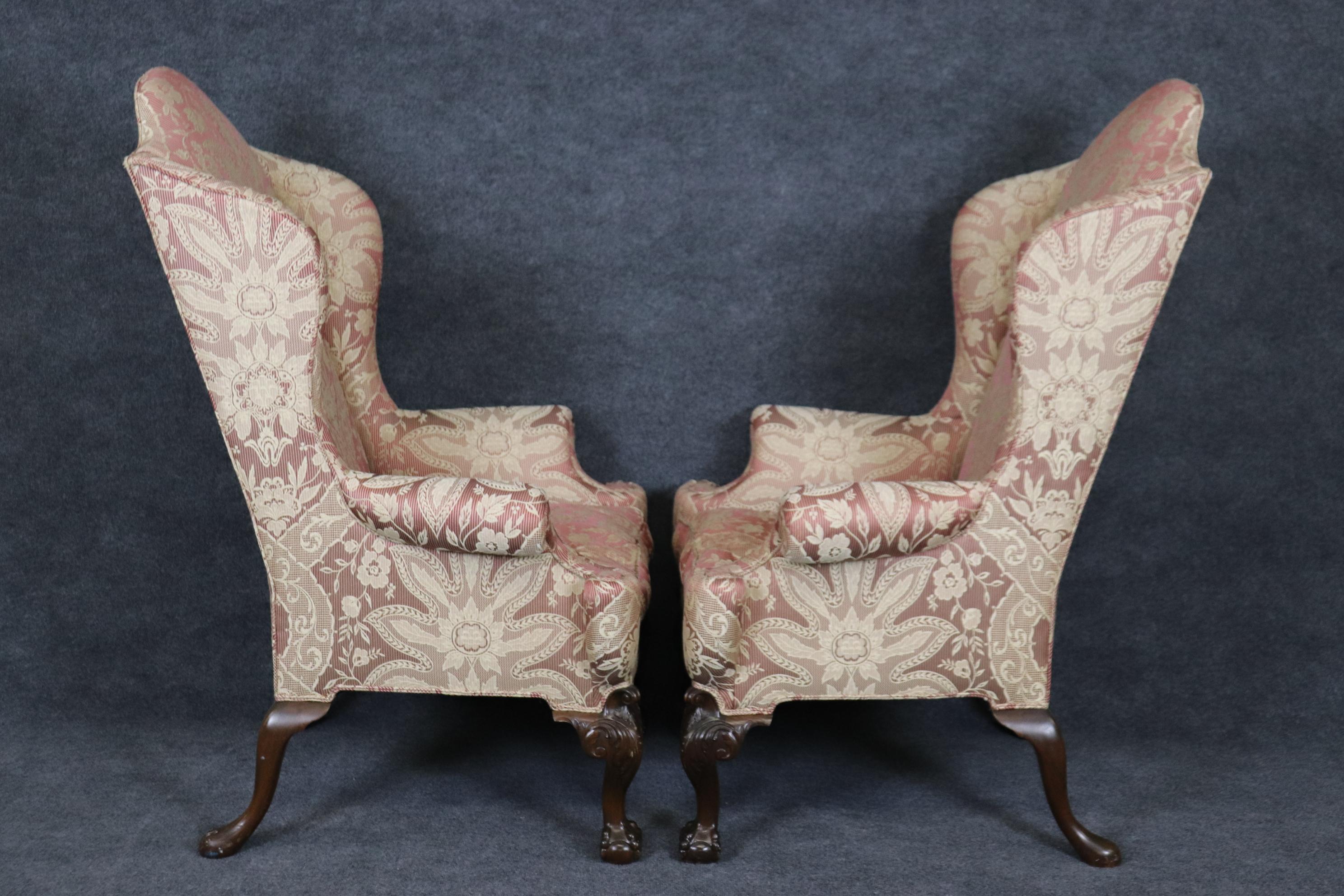 English Large Scale Carved Mahogany Chippendale Wingback Lounge Chairs 