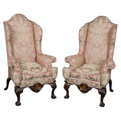 Large Scale Carved Mahogany Chippendale Wingback Lounge Chairs 