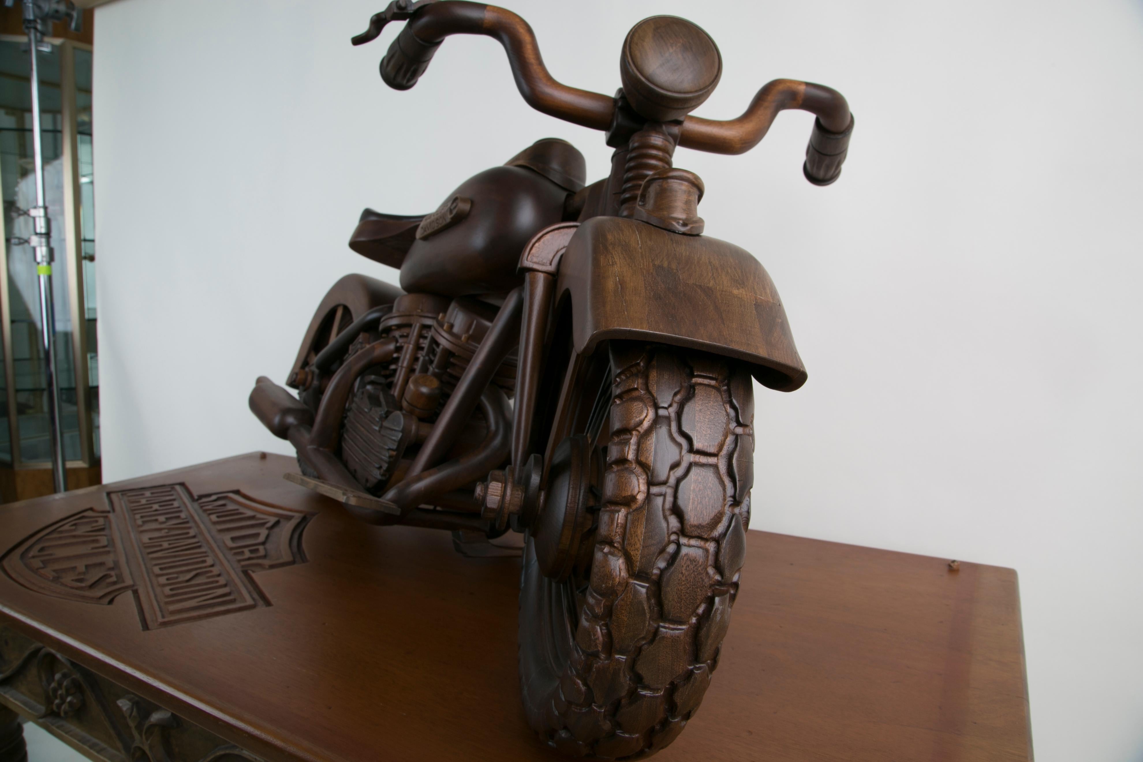 Large-Scale Carved Wood 1948 EL Panhead Harley Davidson with Display Case 1