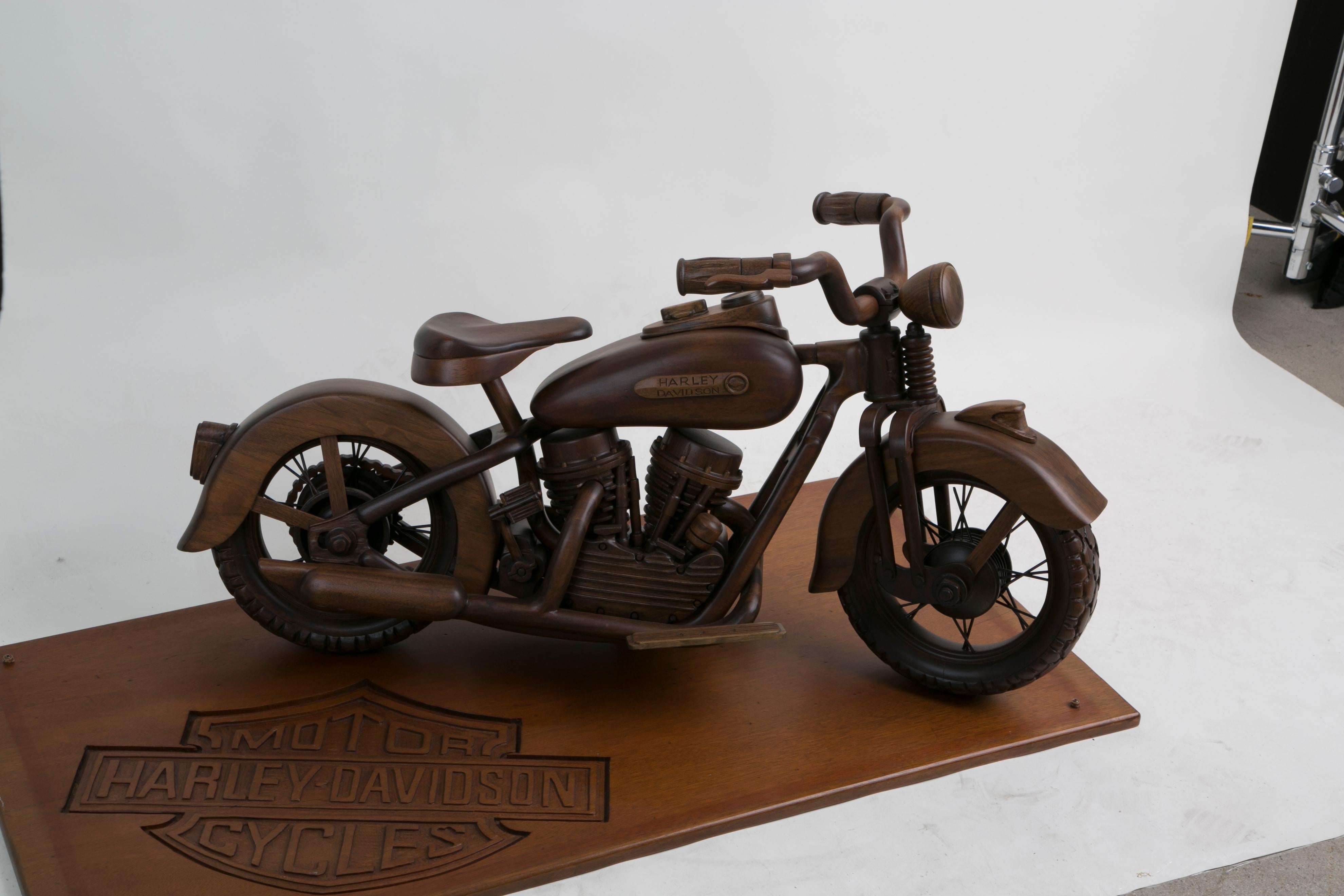 Large-Scale Carved Wood 1948 EL Panhead Harley Davidson with Display Case 2