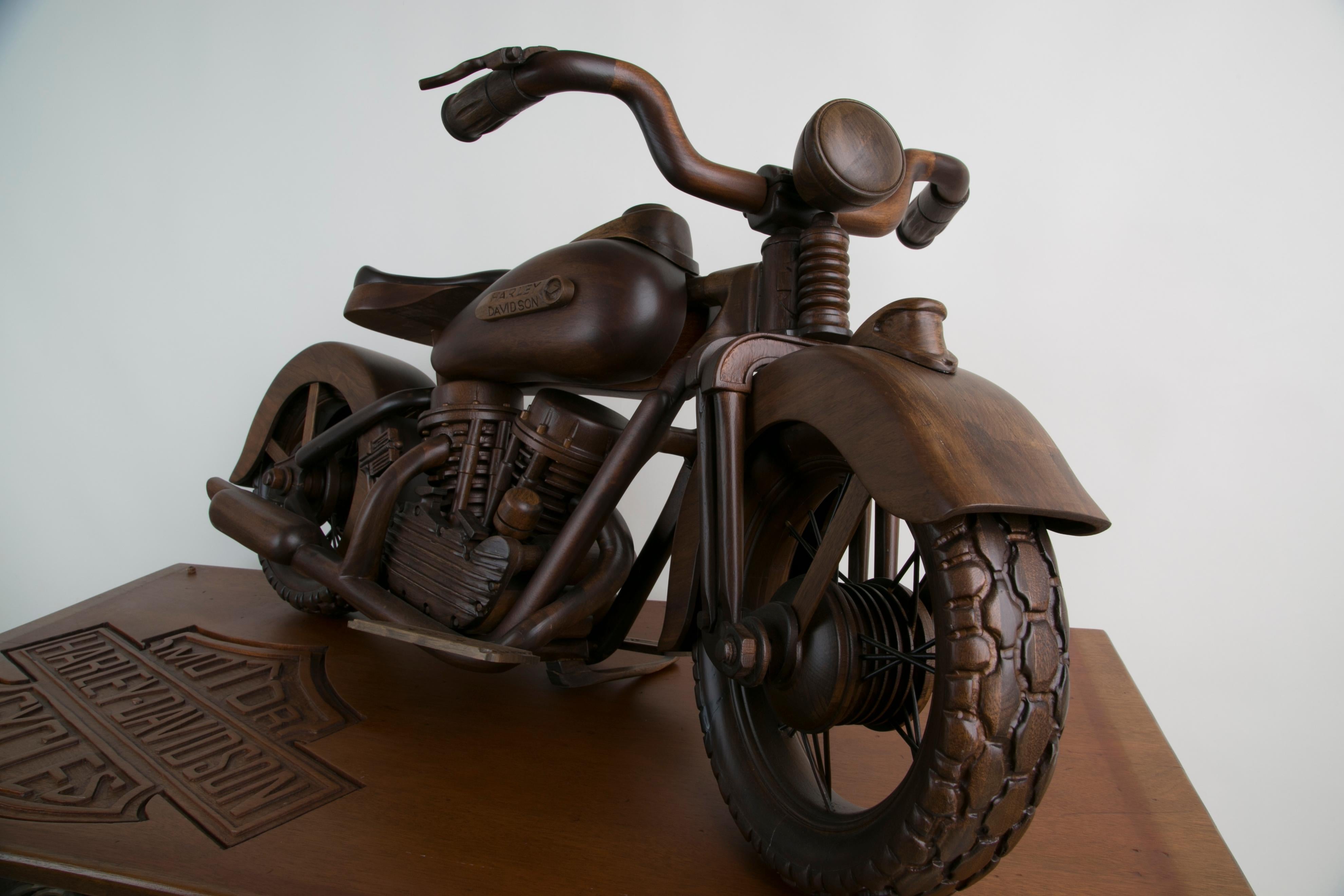 Large-Scale Carved Wood 1948 EL Panhead Harley Davidson with Display Case 4