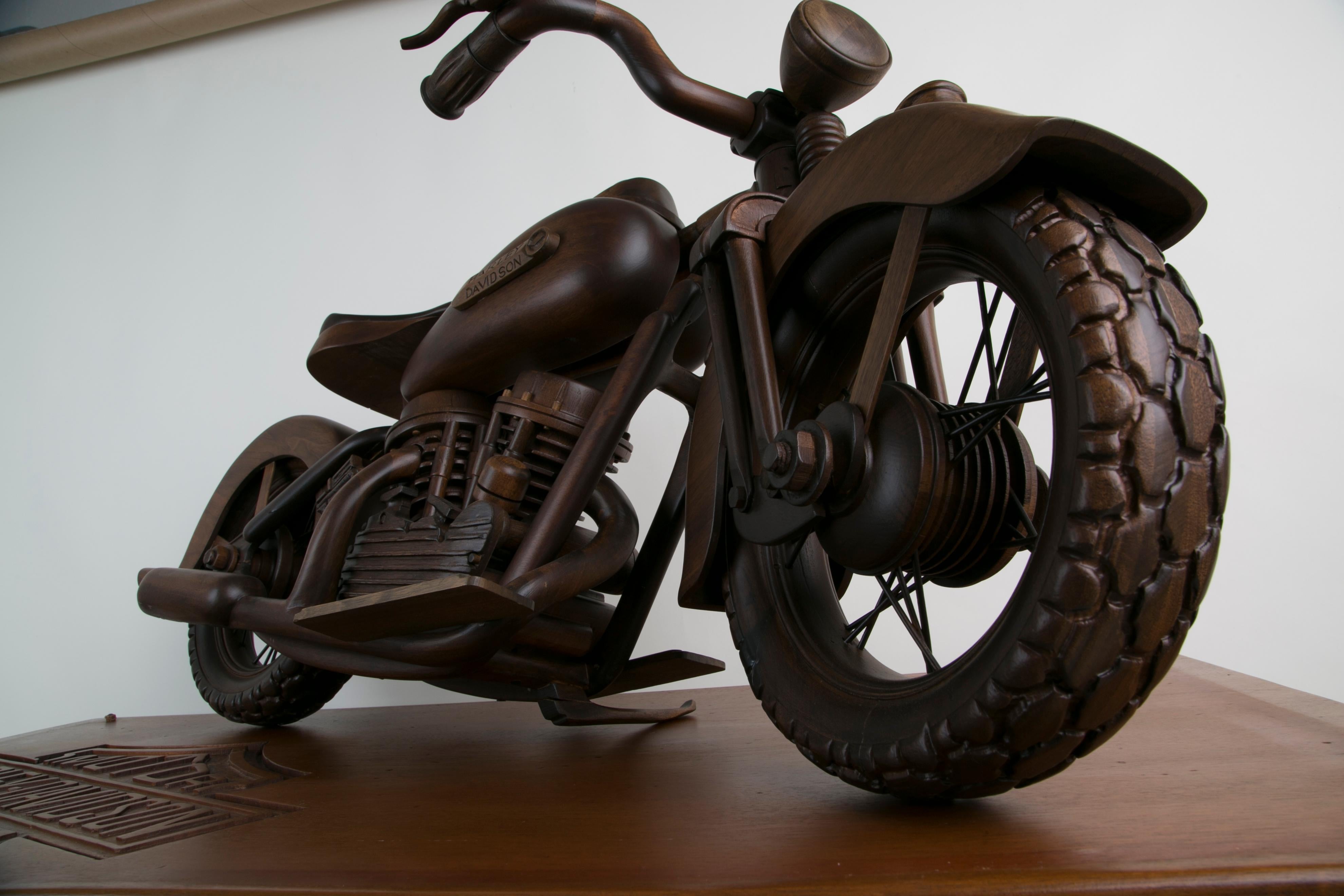 Large-Scale Carved Wood 1948 EL Panhead Harley Davidson with Display Case 7