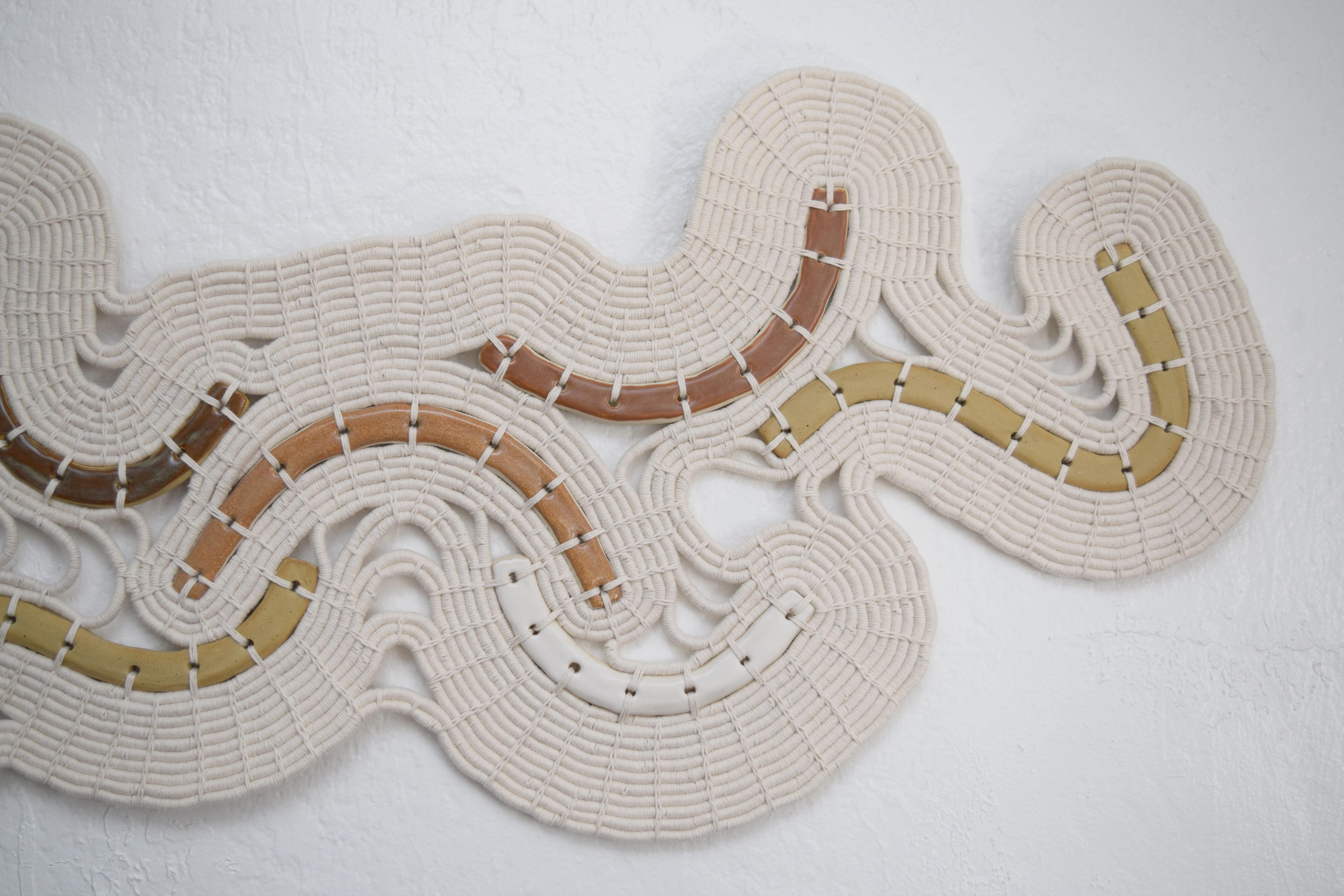 Organic Modern Large Scale Ceramic & Fiber Wall Sculpture #716, Hand Formed Clay & Woven Cotton For Sale