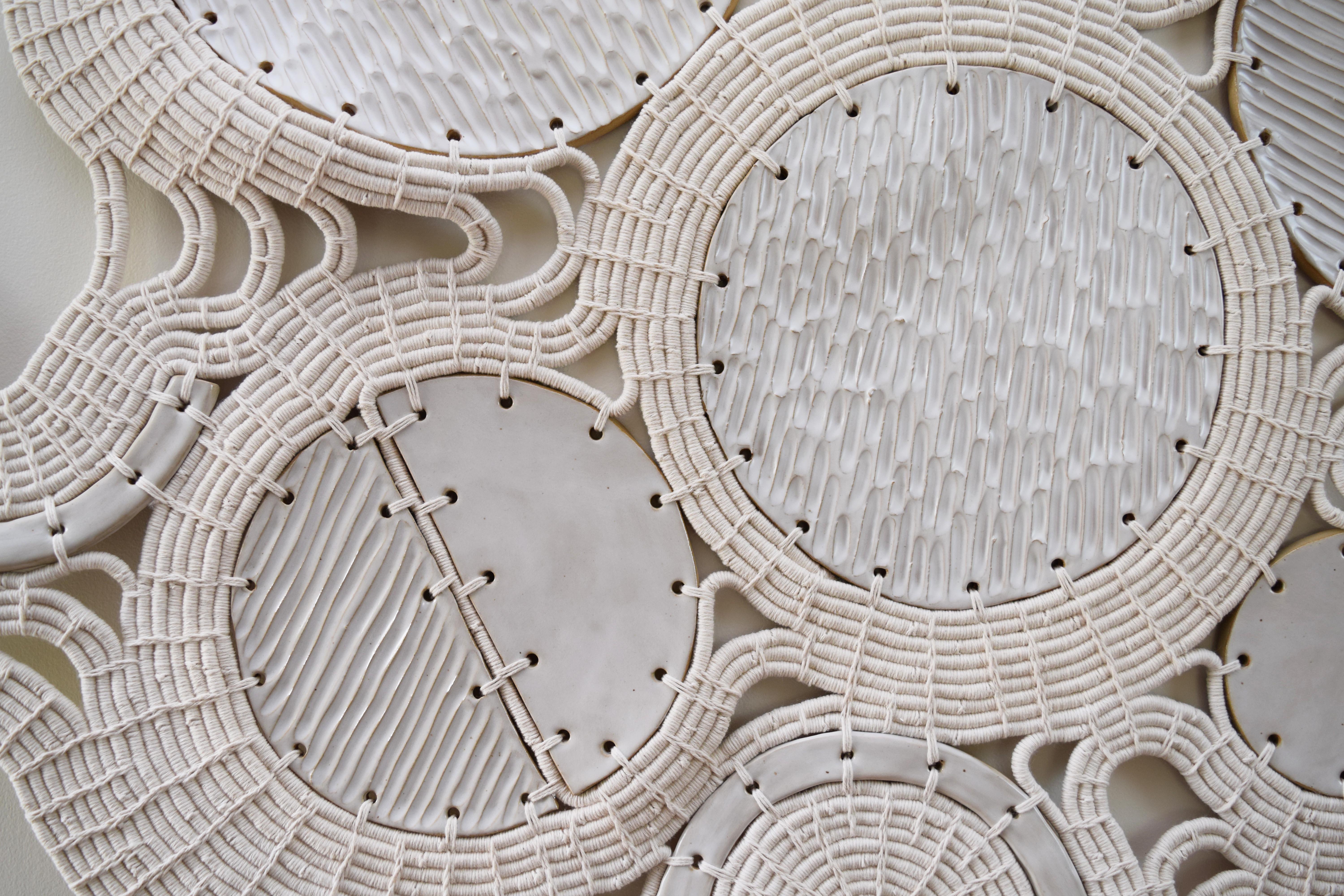 American Large Scale Ceramic & Fiber Wall Sculpture #789, White Glaze & Woven Cotton For Sale