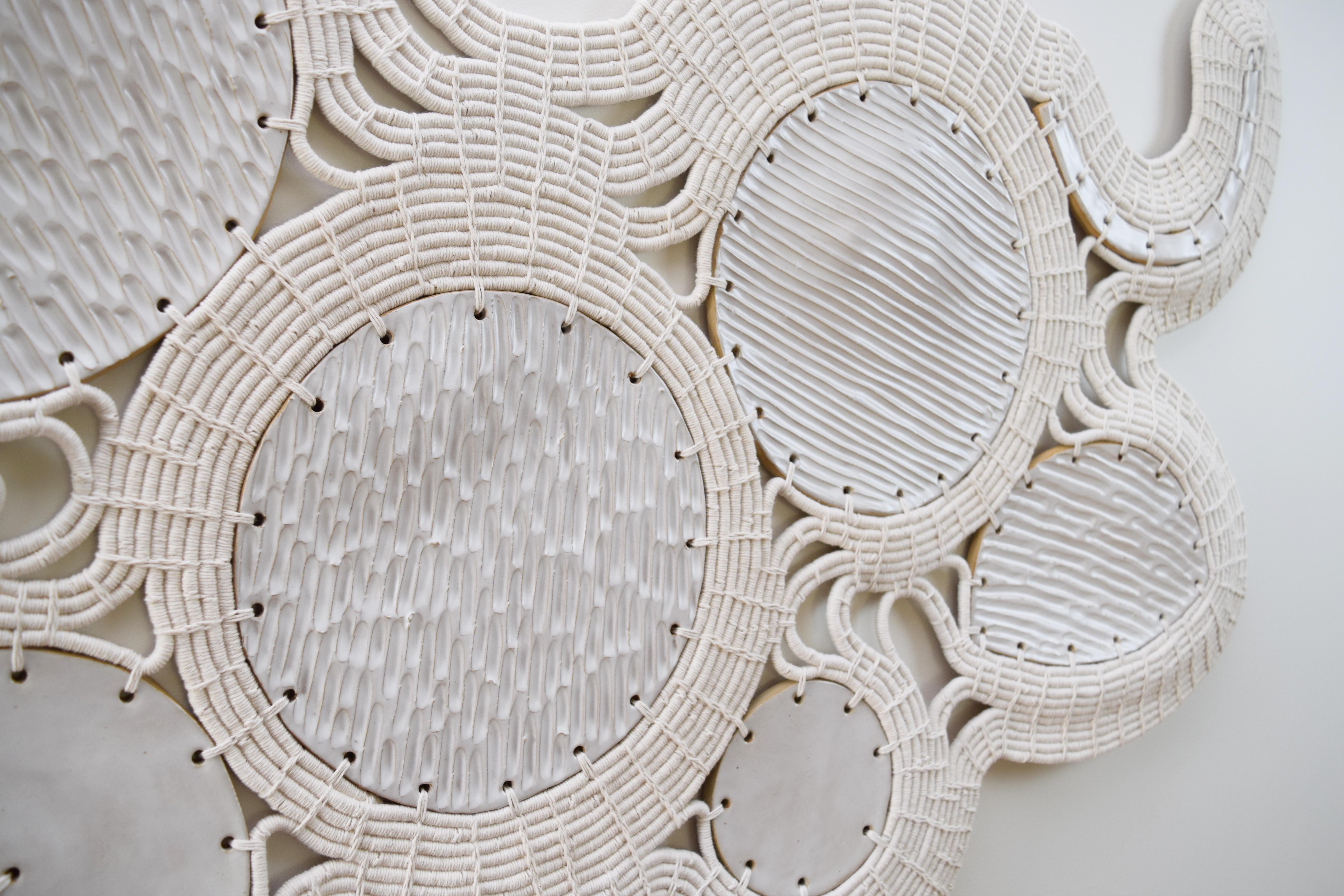 Hand-Crafted Large Scale Ceramic & Fiber Wall Sculpture #789, White Glaze & Woven Cotton For Sale