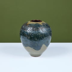Large Scale Ceramic Glazed Vase with Abstract Incising