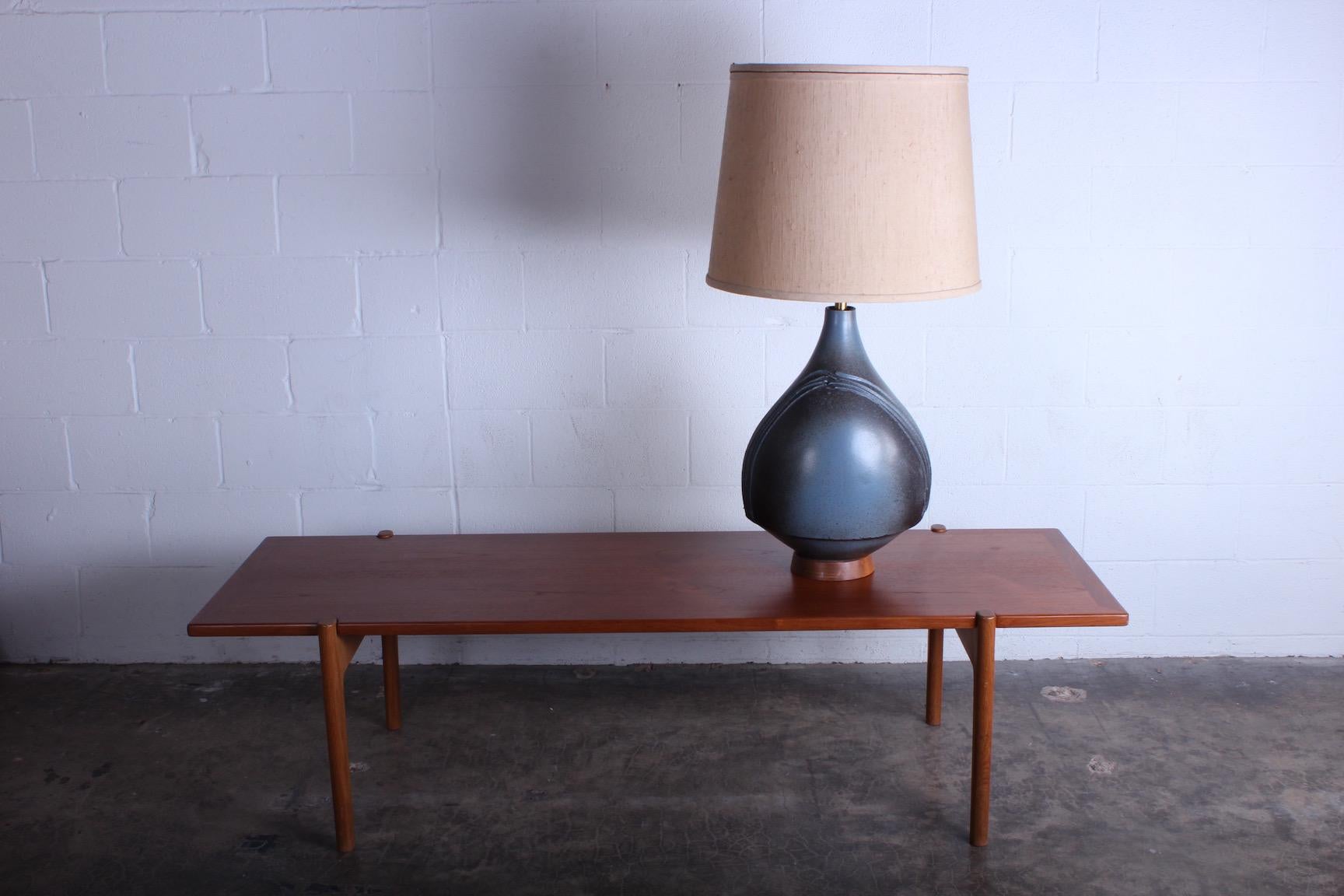 A large scale ceramic table lamp by David Cressey, 1970. 
Measurement to base of socket.