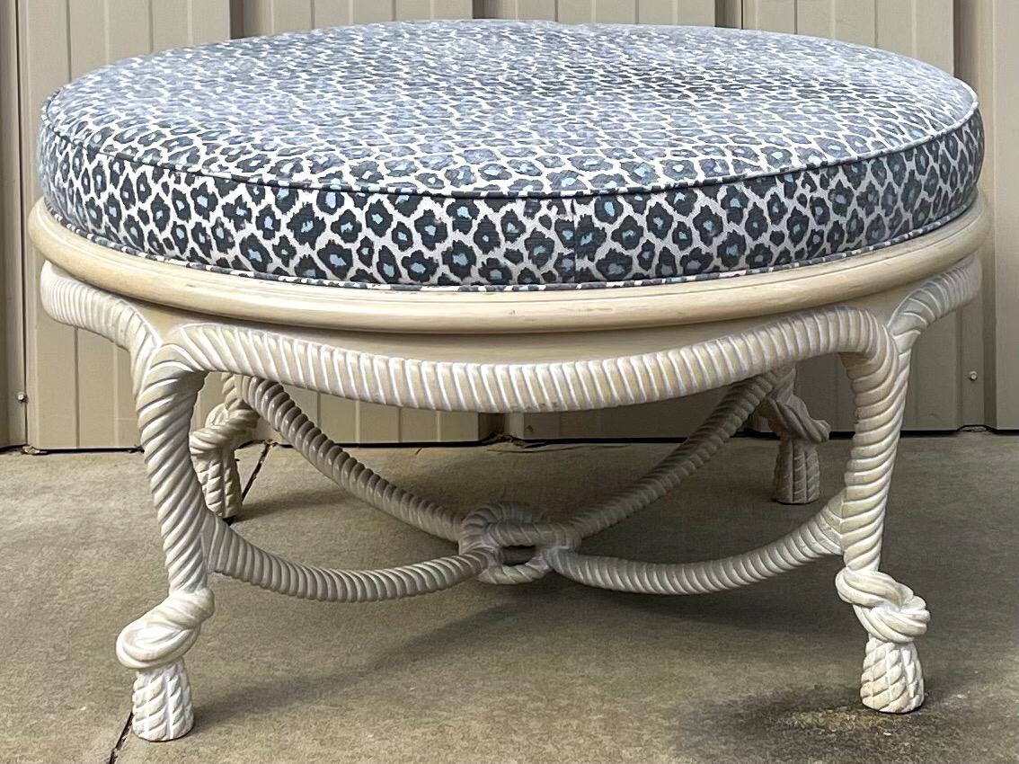 Organic Modern Large Scale Cerused Frame Rope Twist Coffee Table / Ottoman in Leopard Fabric