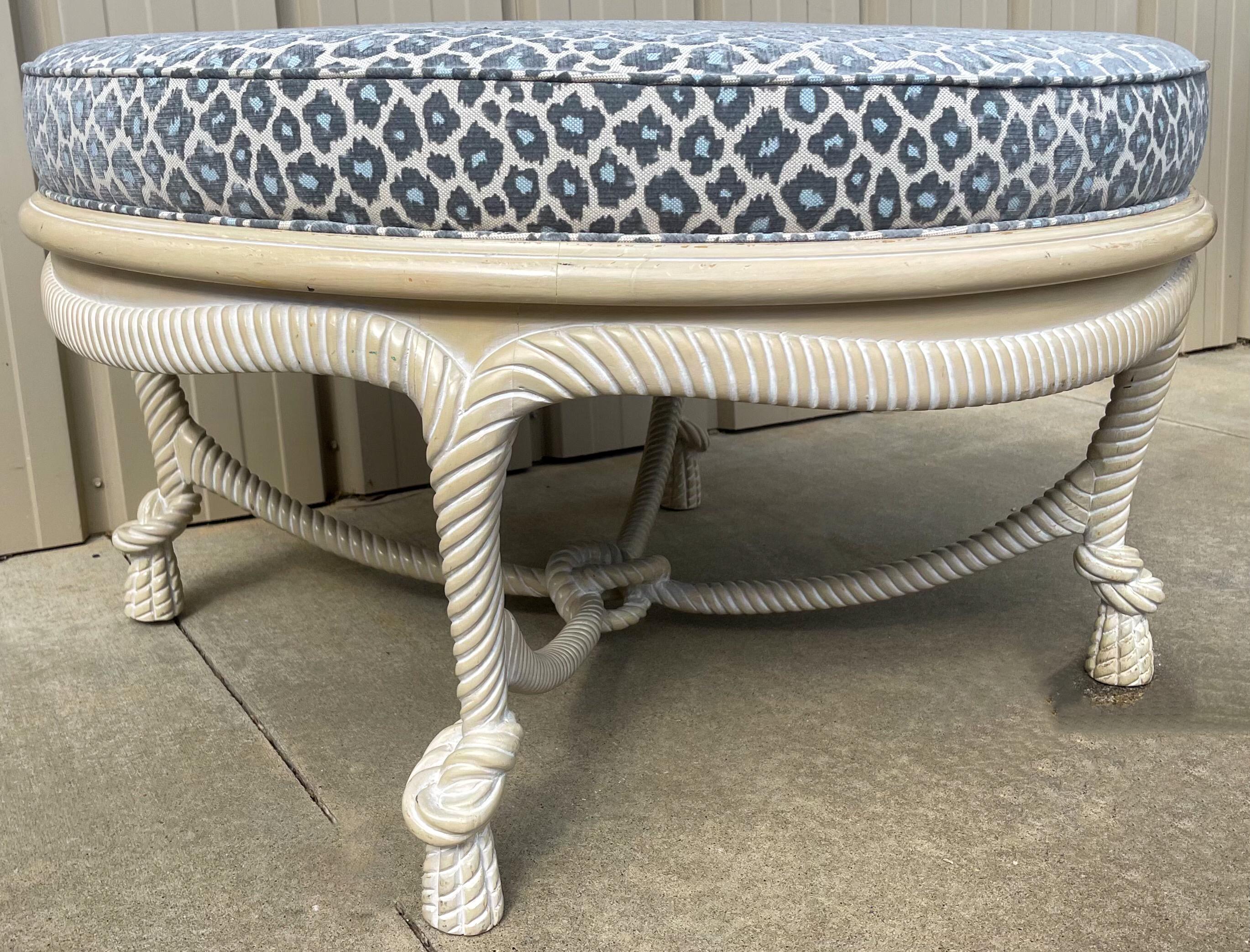 American Large Scale Cerused Frame Rope Twist Coffee Table / Ottoman in Leopard Fabric