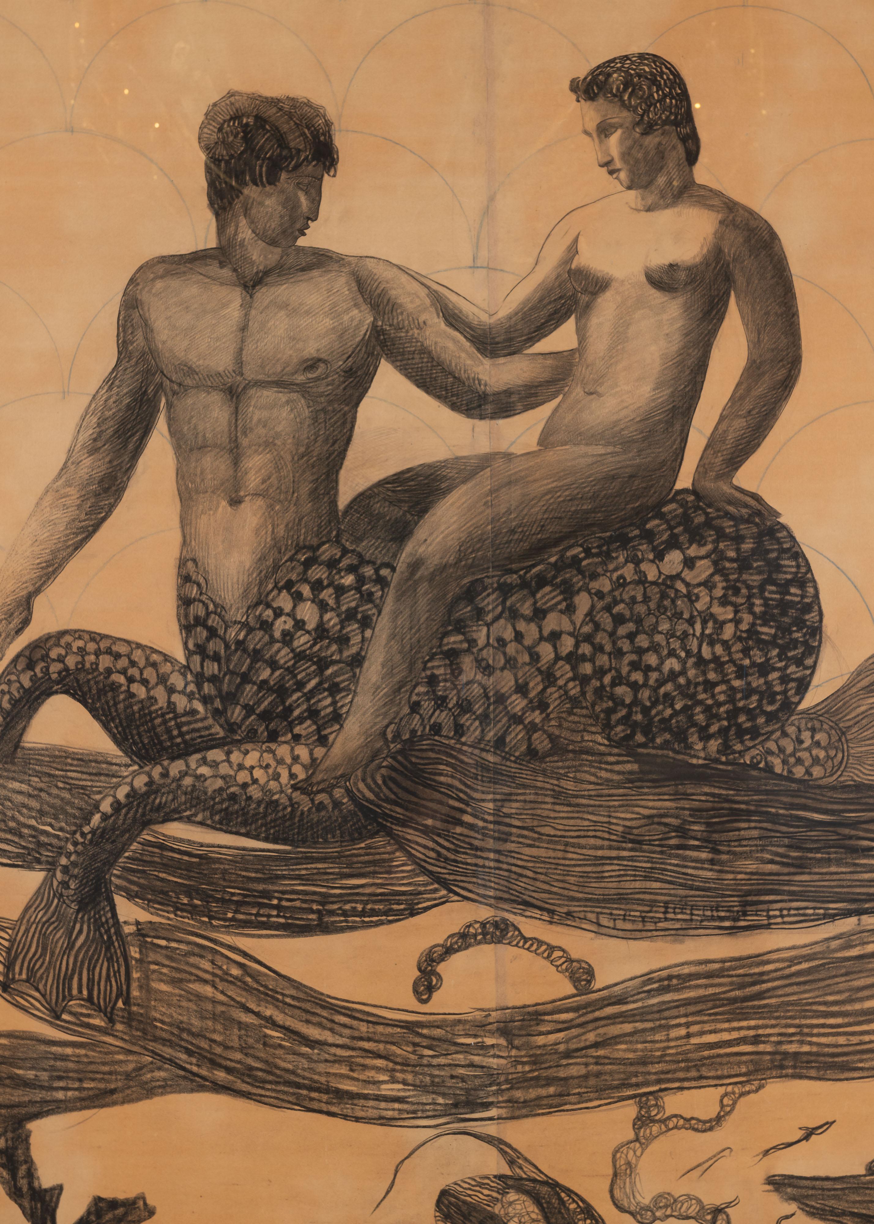Français Grand dessin au fusain d'un homme et d'une sirène, encadré, France. 1900 en vente