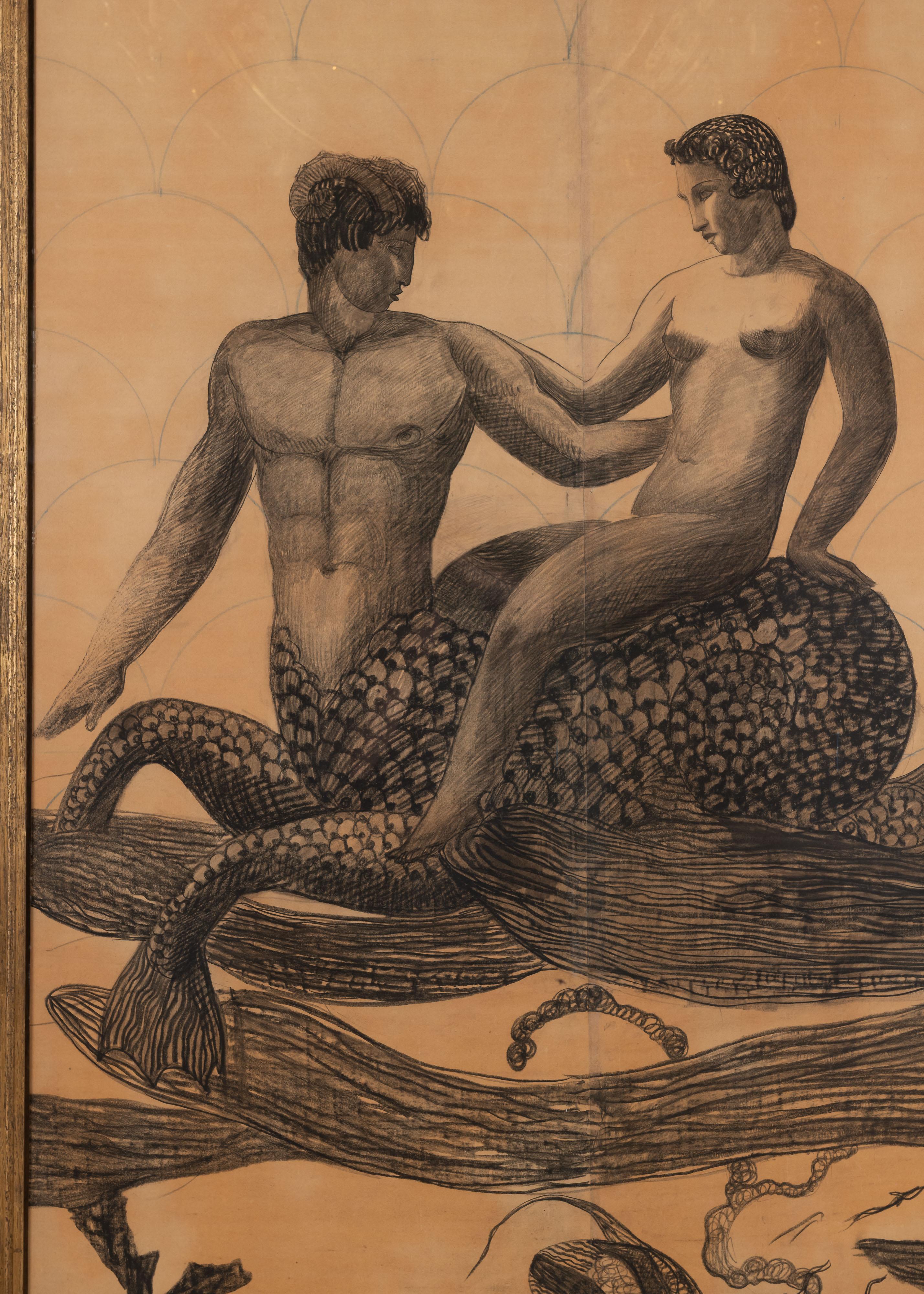 Peint à la main Grand dessin au fusain d'un homme et d'une sirène, encadré, France. 1900 en vente