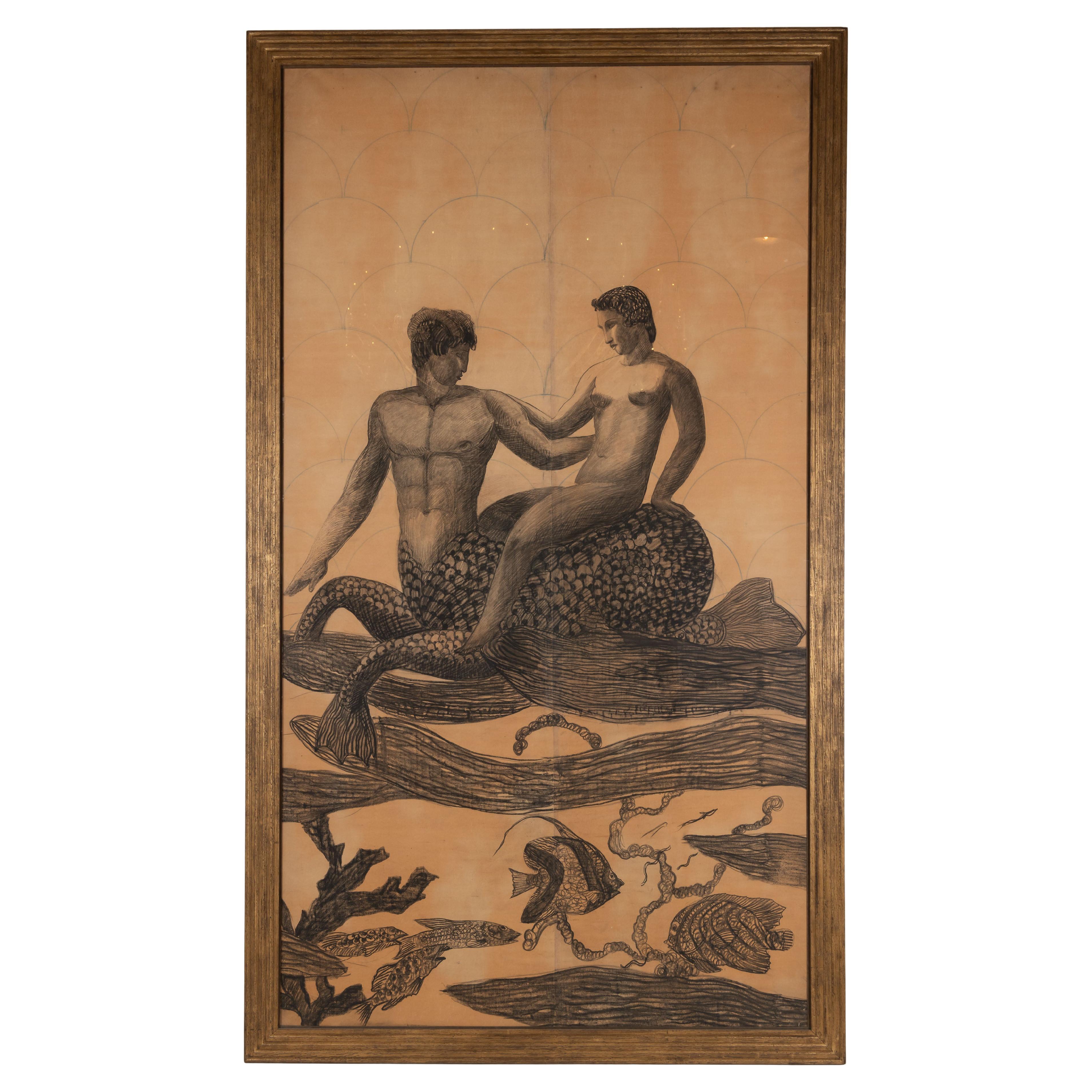 Grand dessin au fusain d'un homme et d'une sirène, encadré, France. 1900 en vente