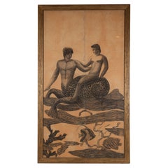 Grand dessin au fusain d'un homme et d'une sirène, encadré, France. 1900