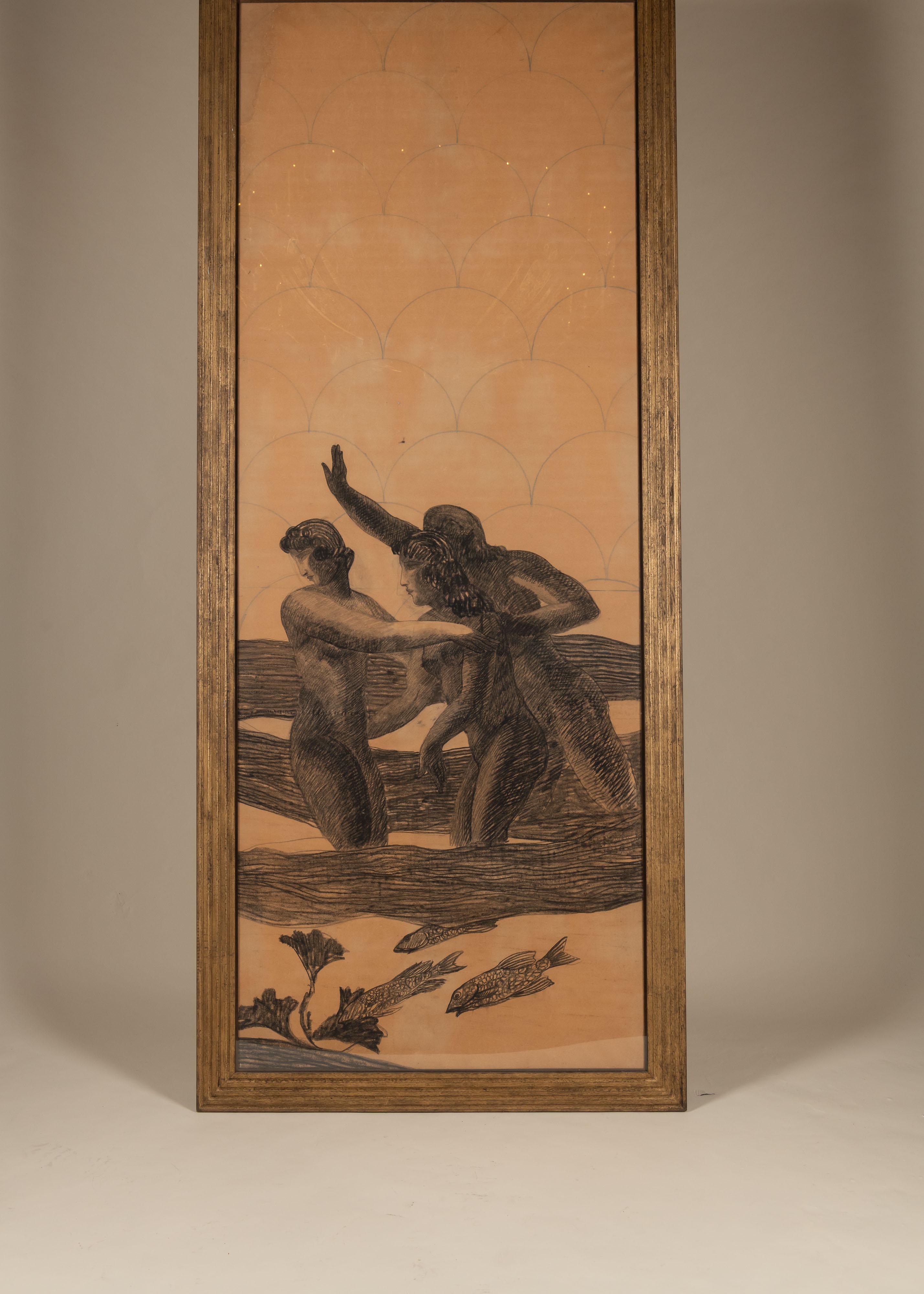 Antike Kohle auf Papier, großformatige Darstellung dreier ineinander verschlungener Figuren, die sich aus stilisierten Wellen erheben, eine Figur mit in dramatischer Geste erhobenem Arm. Unten unterstreichen Fische und Meerespflanzen die