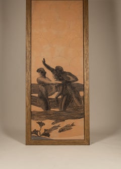 Large Scale Charcoal Drawing of Two Men and One Woman, Framed, France. 1900