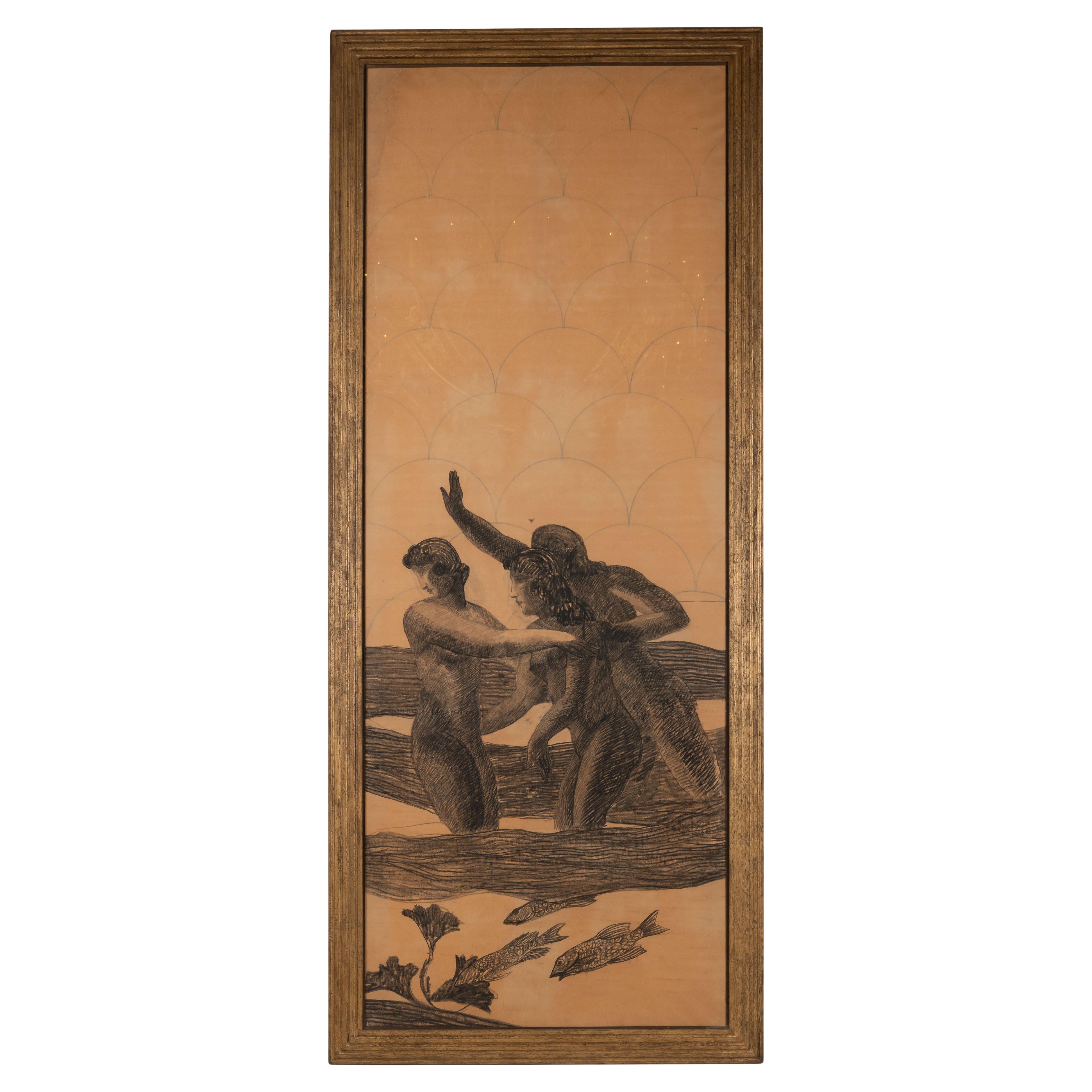 Grand dessin au fusain de deux hommes et d'une femme, encadré, France. 1900