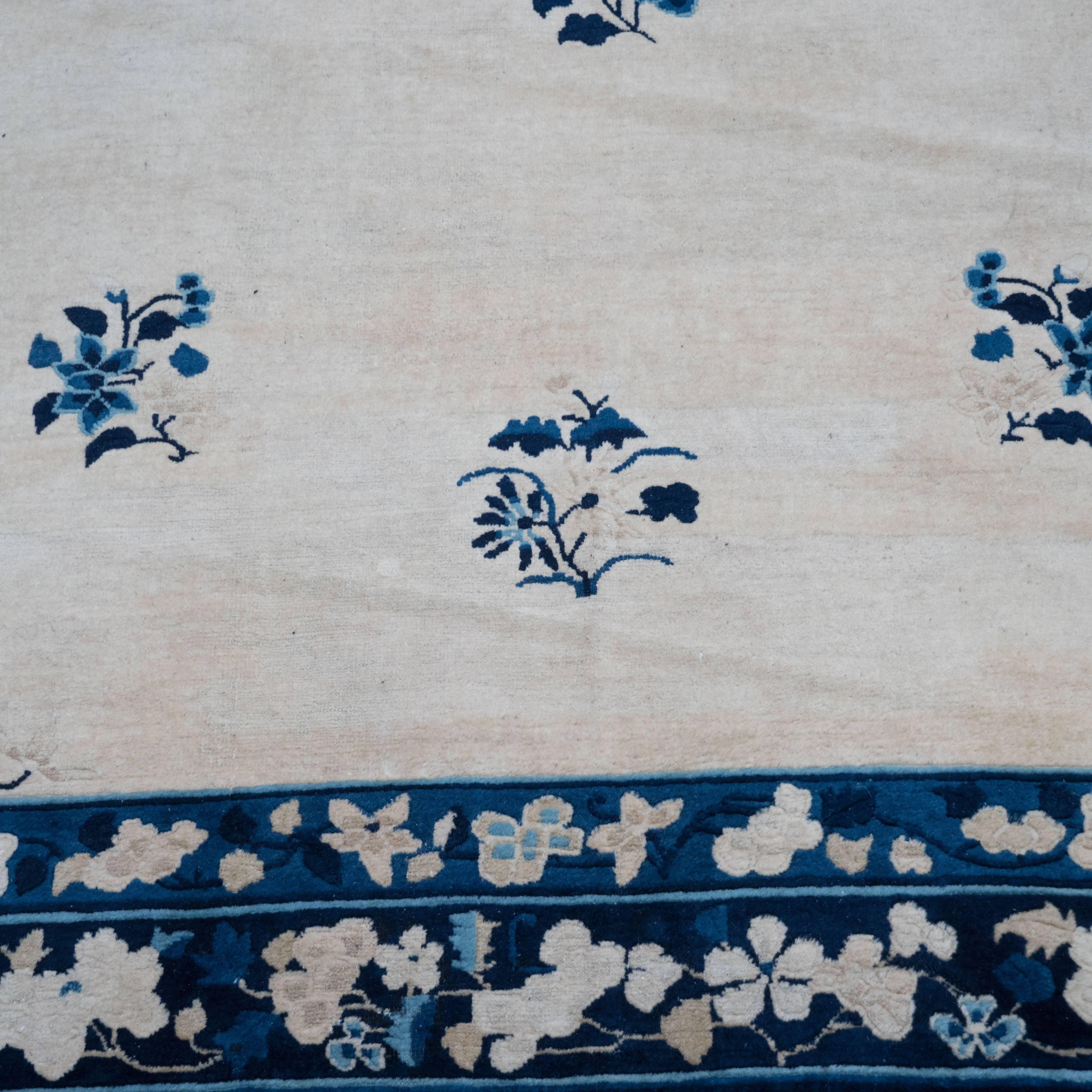 Wool Large Scale Chinese Art Deco Rug in Cream and Navy with Floral Motifs