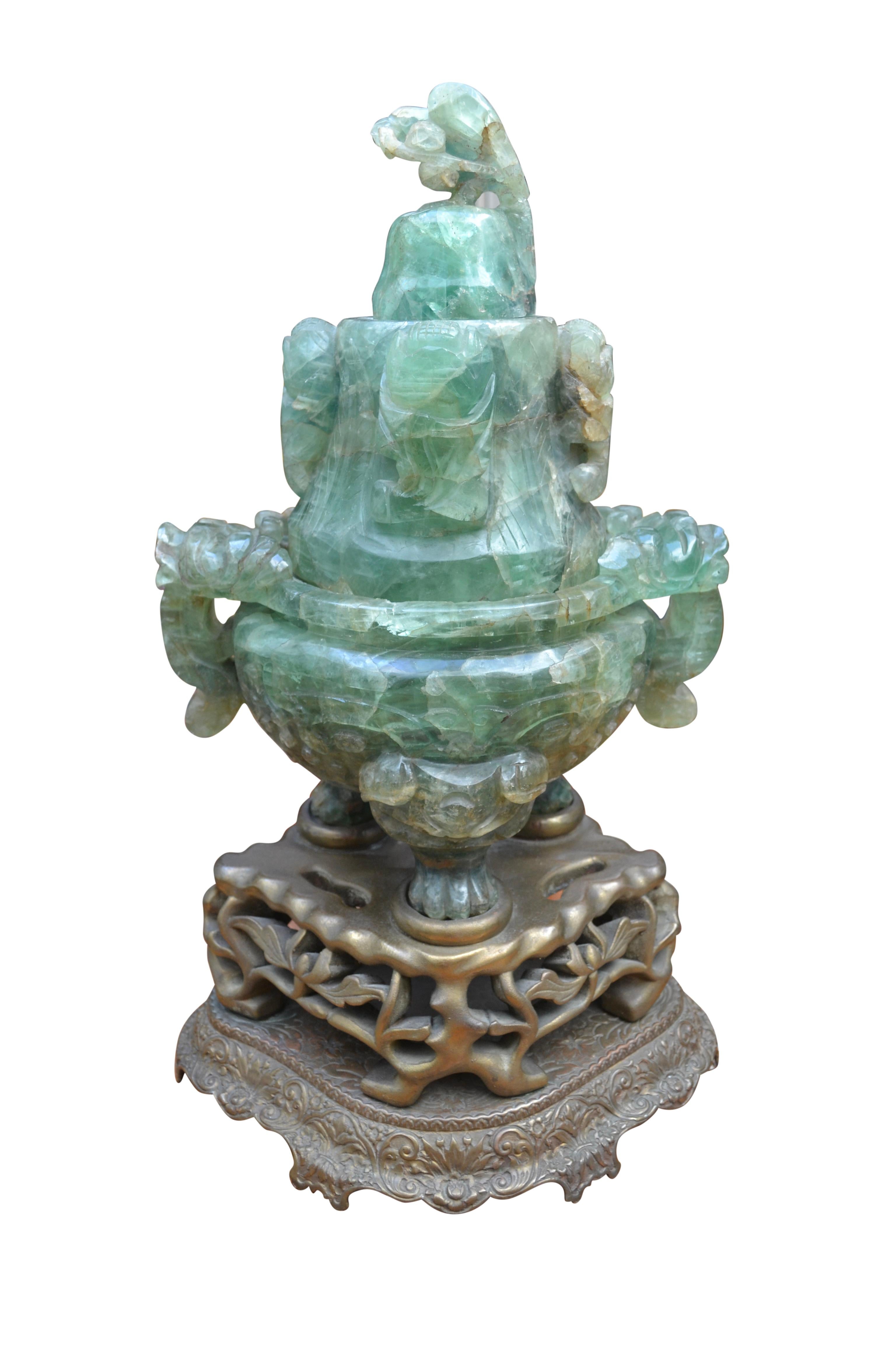 Early 20th Century Large Scale Chinese Carved Flourite Incense Burner/Lamp