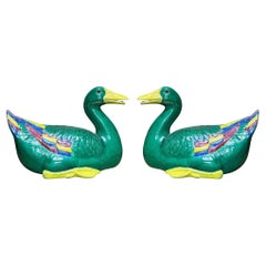 Large Scale Chinese Export Hand Painted Sancai Ceramic Ducks, Pair