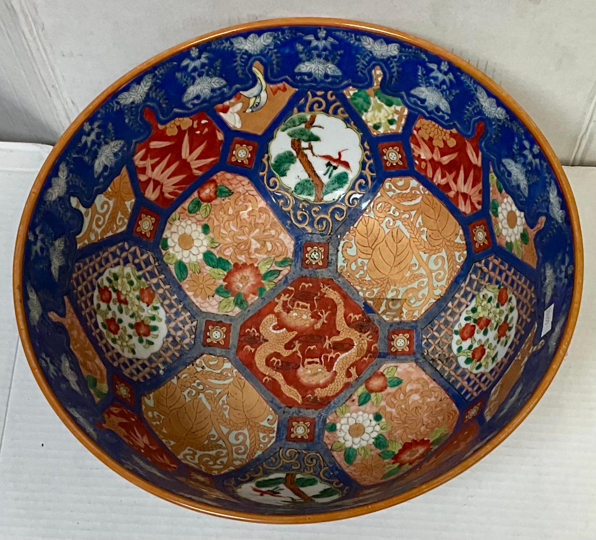 Large Scale Chinese Export Style Blue & Orange Center Table Bowl W/ Dragons In Good Condition For Sale In Kennesaw, GA