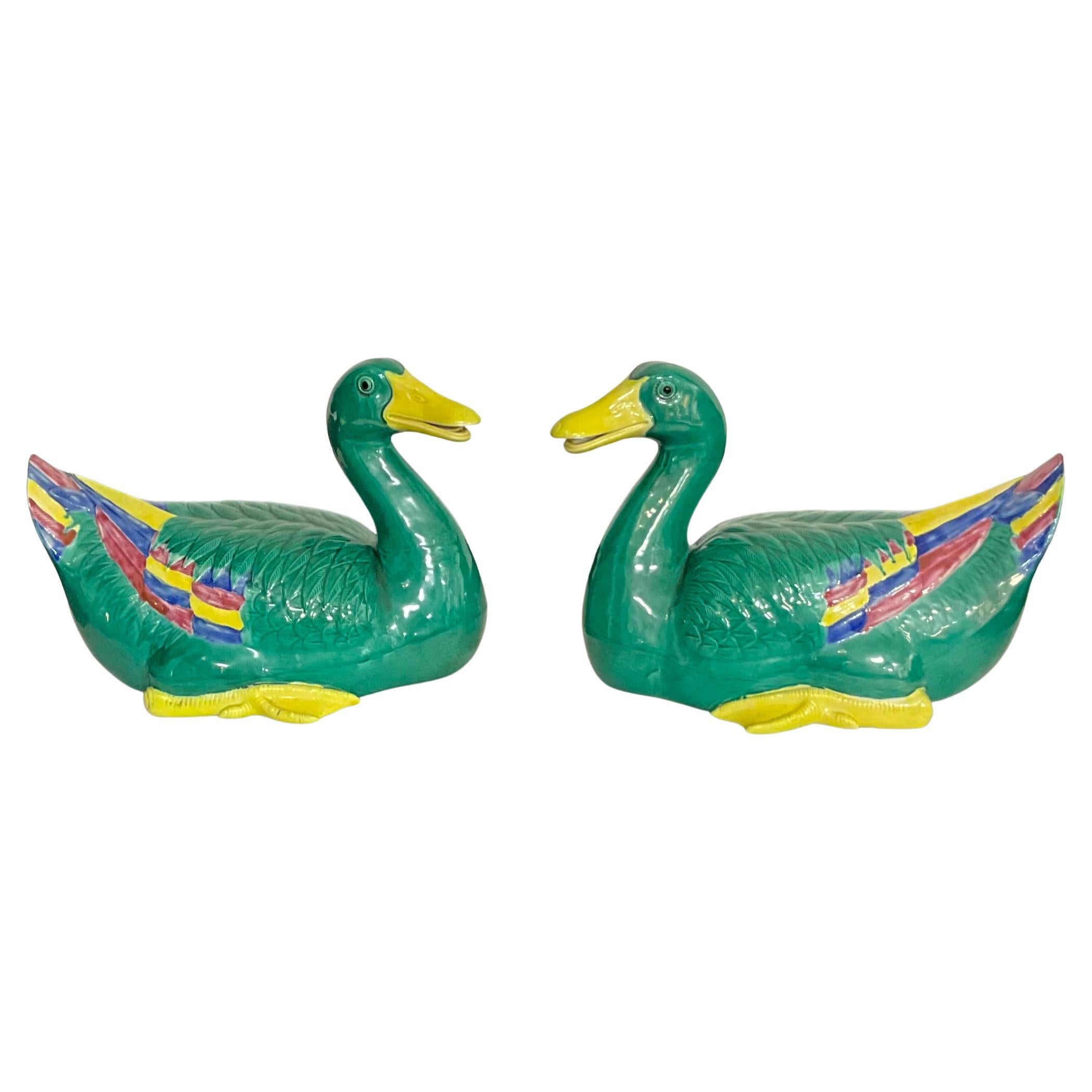 Large Scale Chinese Export Style Hand Painted Ceramic Ducks, Pair For Sale