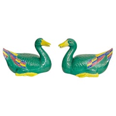 Vintage Large Scale Chinese Export Style Hand Painted Ceramic Ducks, Pair
