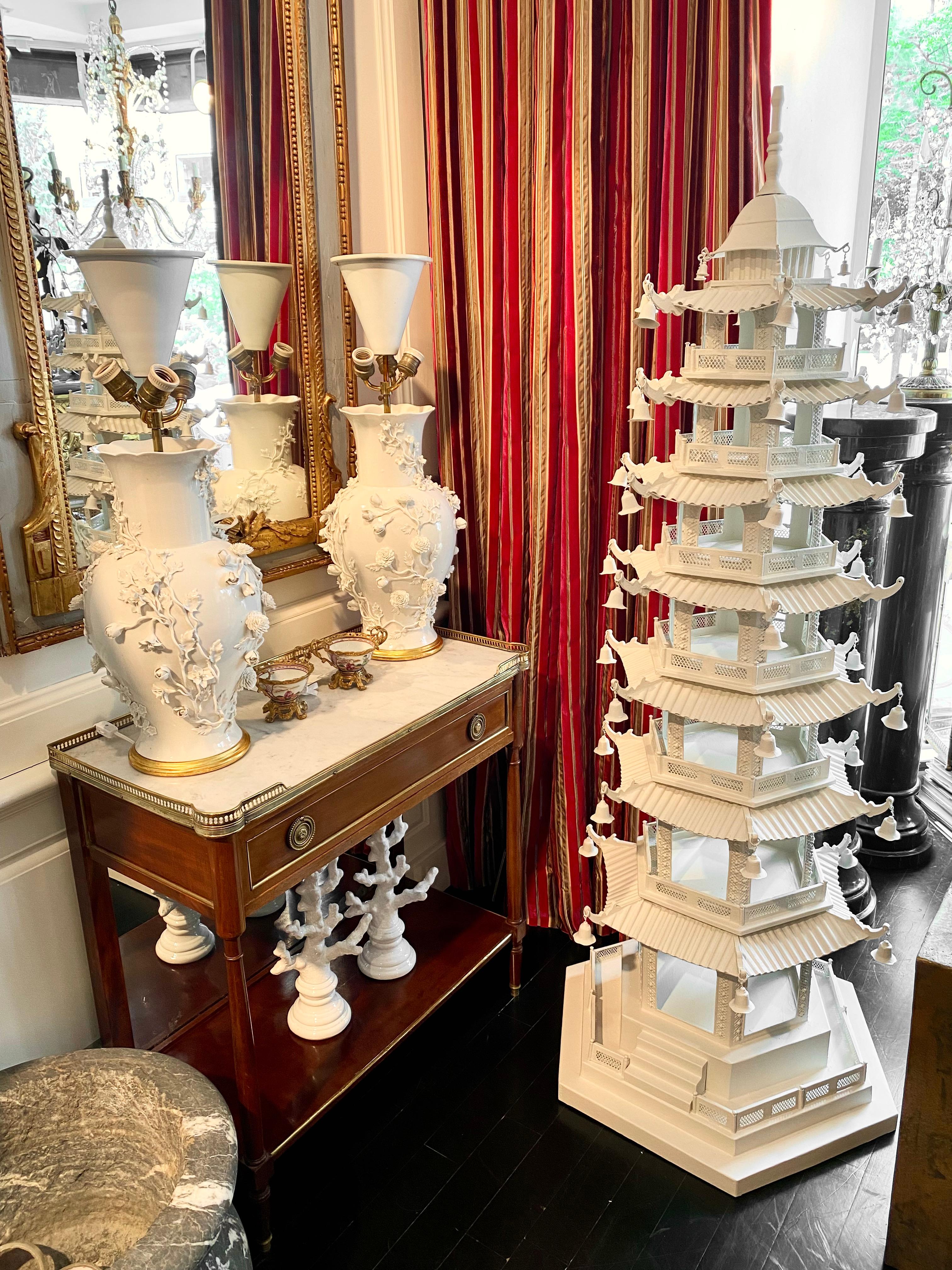 Large-scale chinoiserie pagoda, seven-tier, white painted tôle

Vintage large-scale white metal (tôle) pagoda. Rare and stunning scale and detailing, including little bells on each tier. Each level graduates from 10