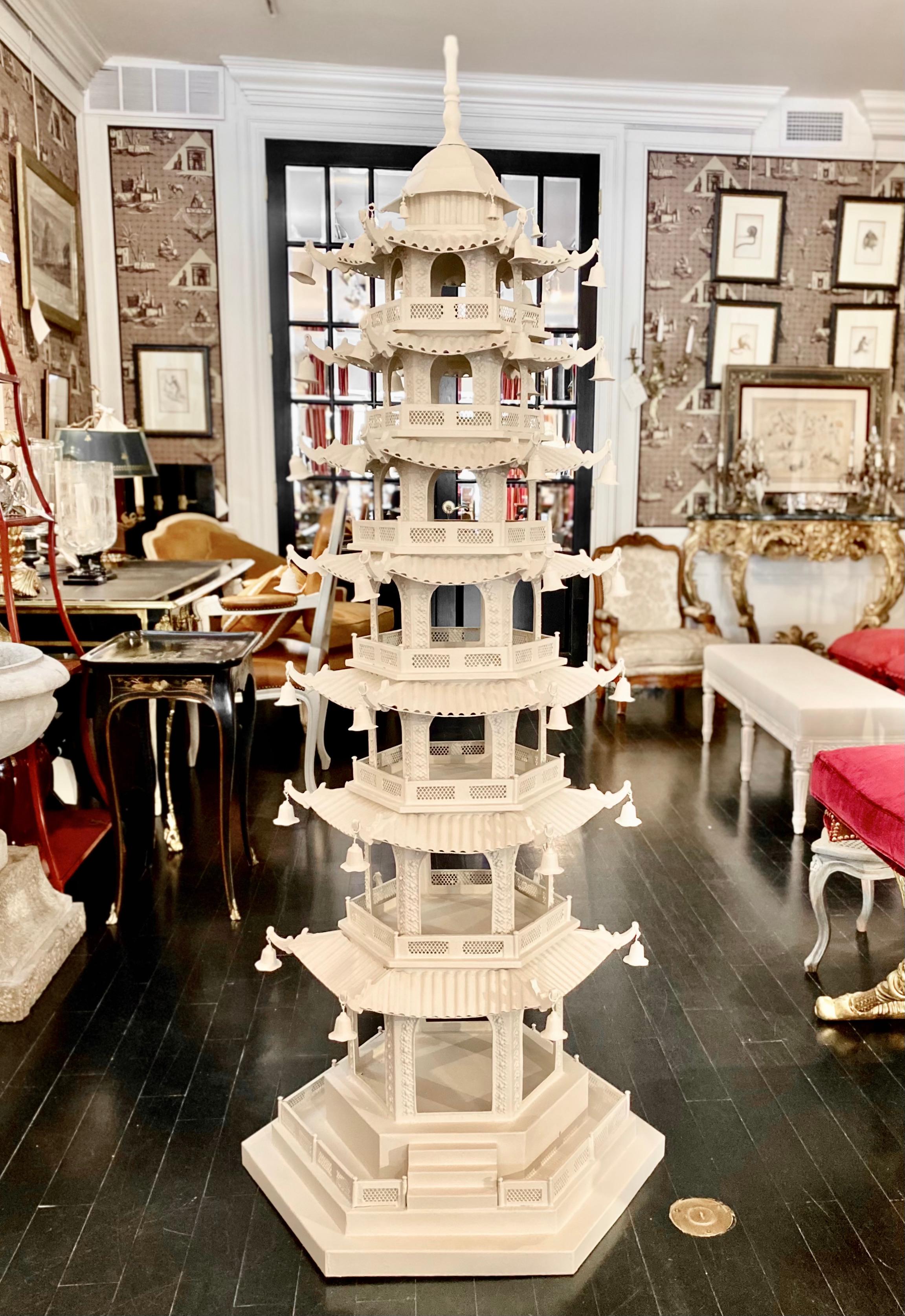 20th Century Large-Scale Chinoiserie Pagoda, Seven-Tier, White Painted Tôle For Sale