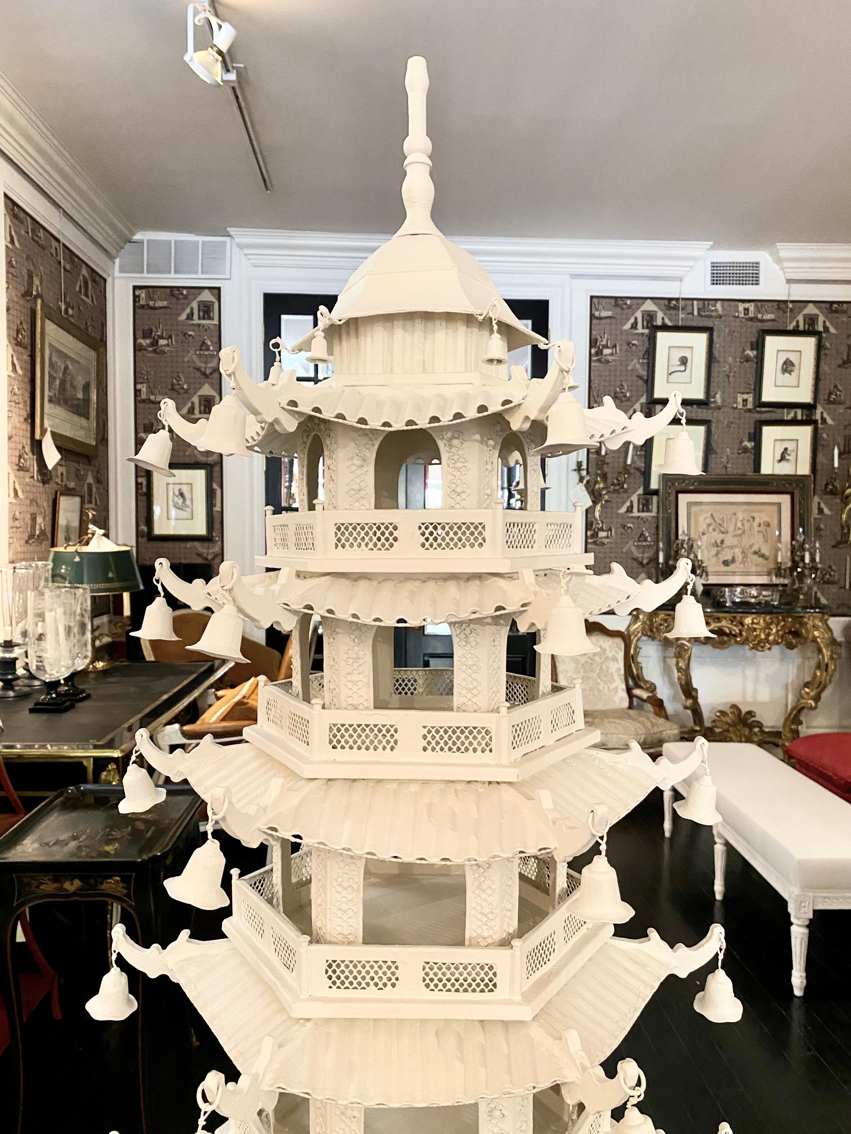 Metal Large-Scale Chinoiserie Pagoda, Seven-Tier, White Painted Tôle For Sale