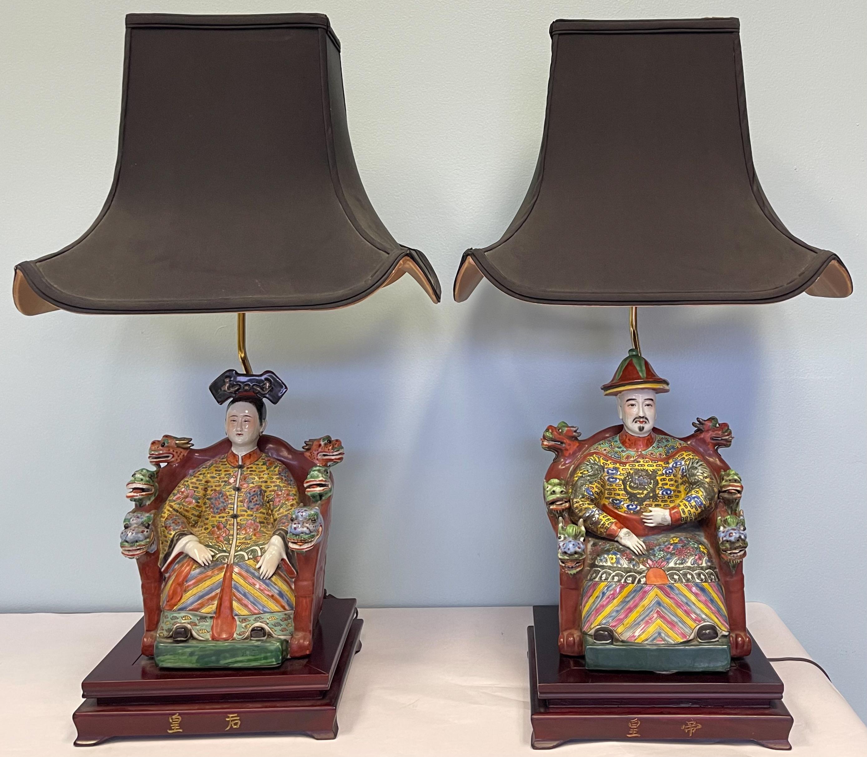 Chinese Export Large Scale Chinoiserie Pottery Lamps with Seated Ancestors and Pagoda Shades