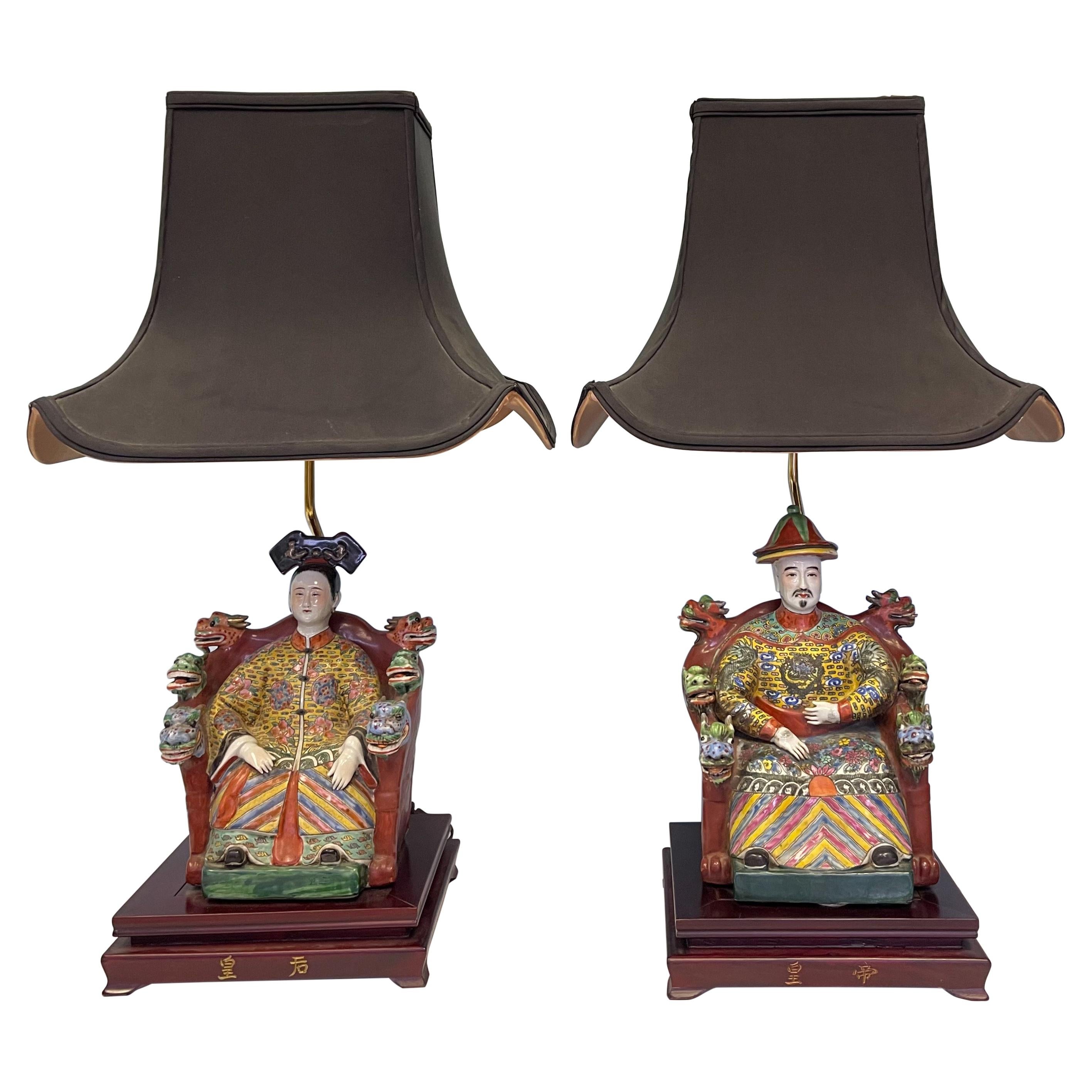 Large Scale Chinoiserie Pottery Lamps with Seated Ancestors and Pagoda Shades