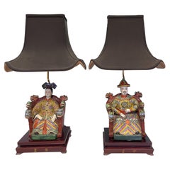 Large Scale Chinoiserie Pottery Lamps with Seated Ancestors and Pagoda Shades