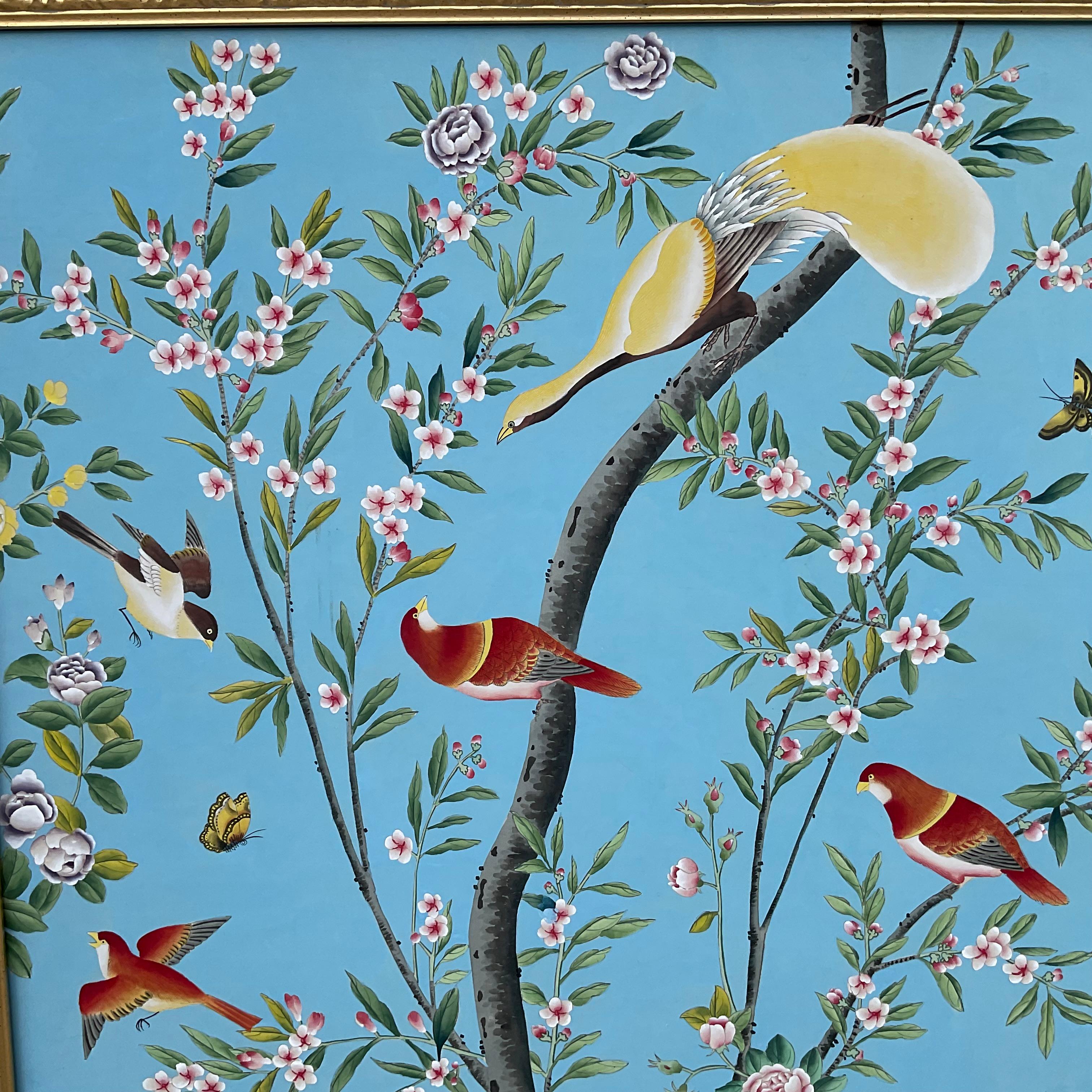 Large Scale Chinoiserie Watercolor Framed Panel In Good Condition In Bradenton, FL