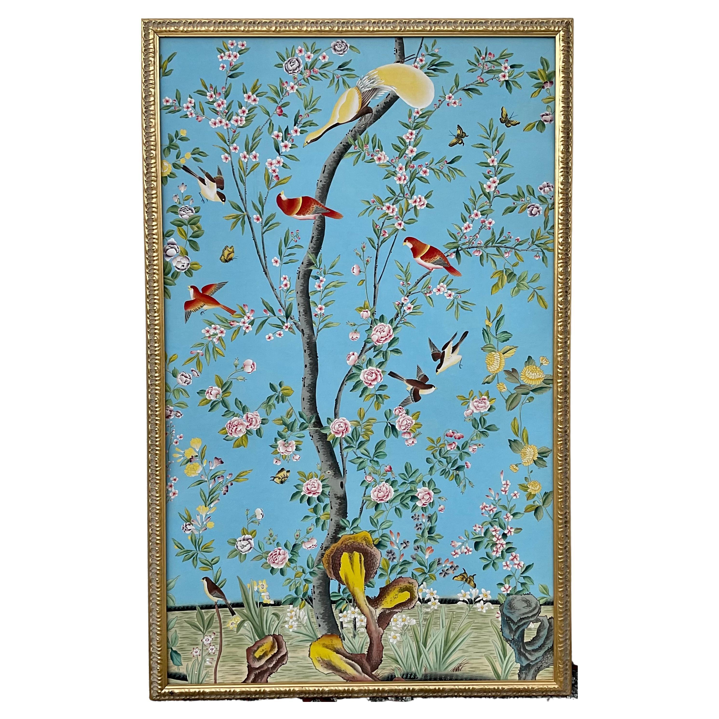 Large Scale Chinoiserie Watercolor Framed Panel