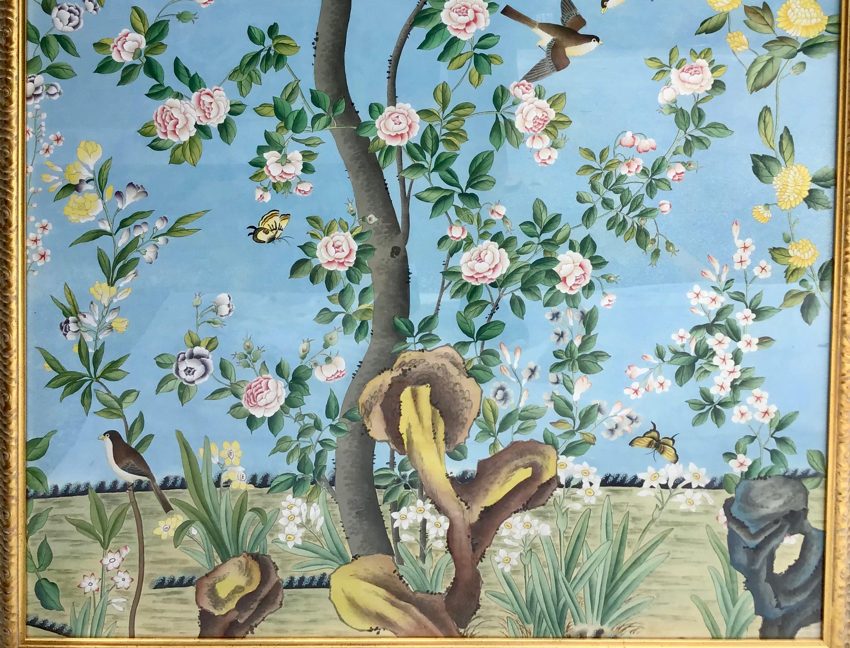 Hand-Painted Large Scale Chinoiserie Watercolor on Silk Framed Panels by Chelsea House