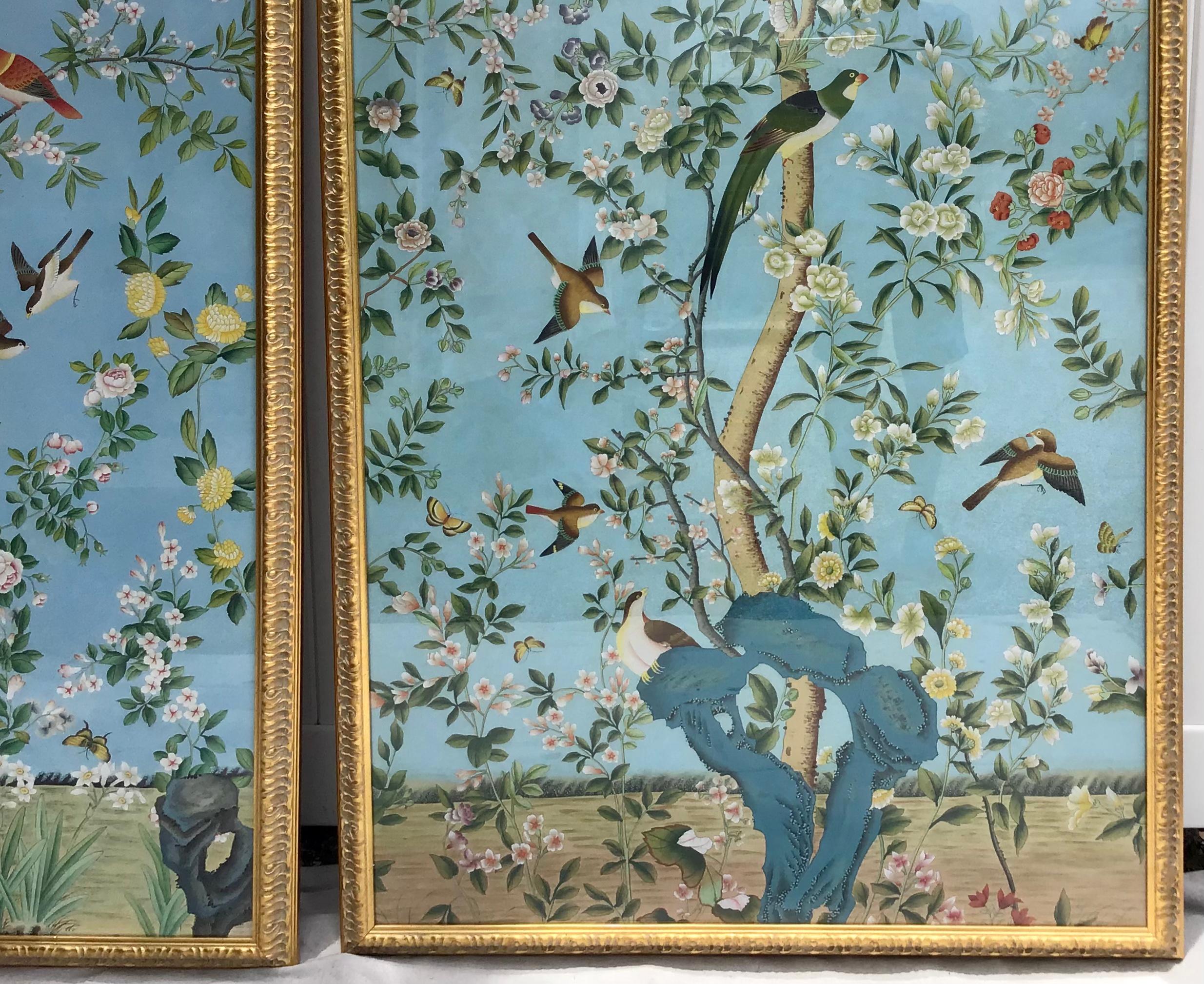 Large Scale Chinoiserie Watercolor on Silk Framed Panels by Chelsea House In Excellent Condition In Bradenton, FL