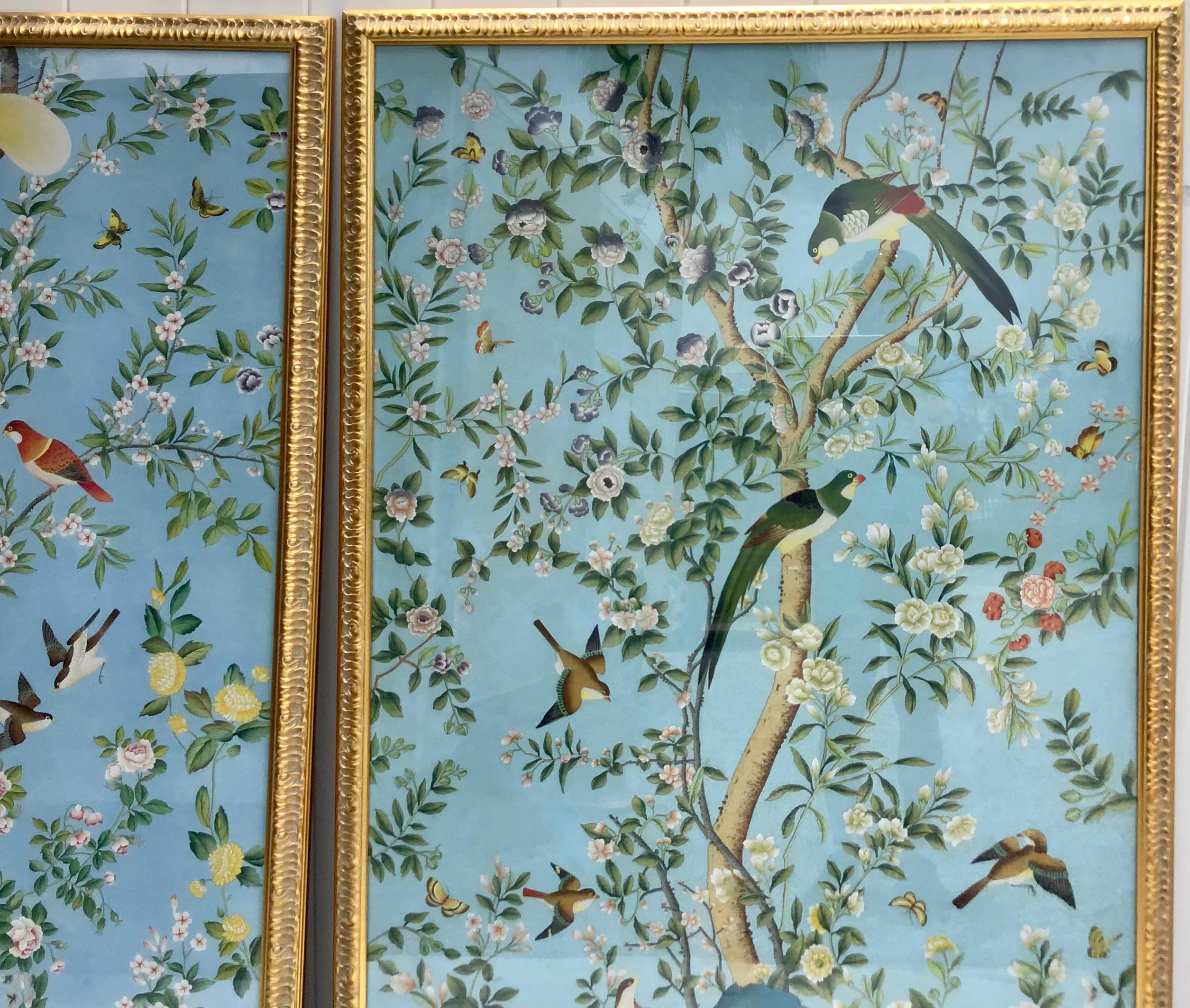 20th Century Large Scale Chinoiserie Watercolor on Silk Framed Panels by Chelsea House