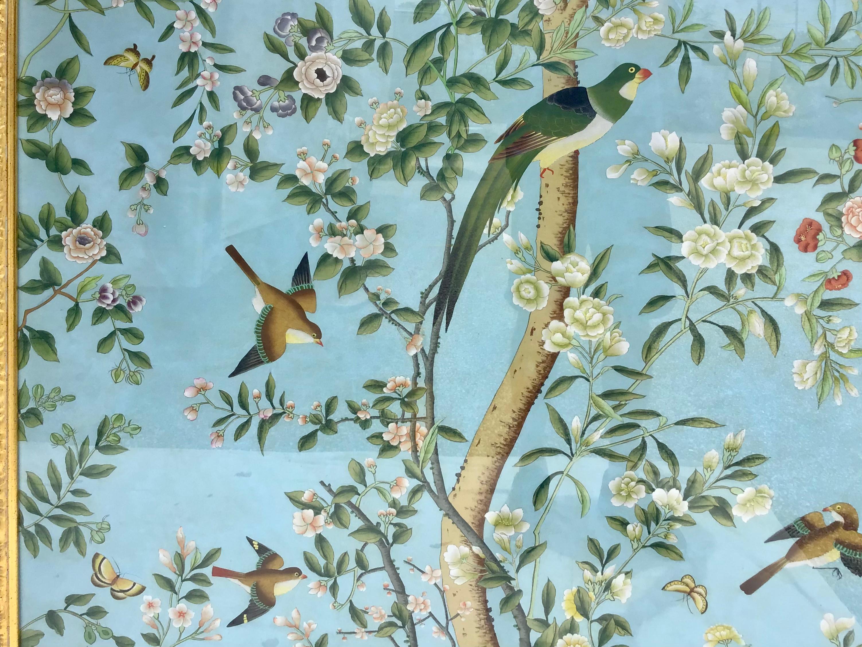 Large Scale Chinoiserie Watercolor on Silk Framed Panels by Chelsea House 2