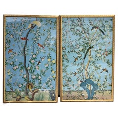 Large Scale Chinoiserie Watercolor on Silk Framed Panels by Chelsea House