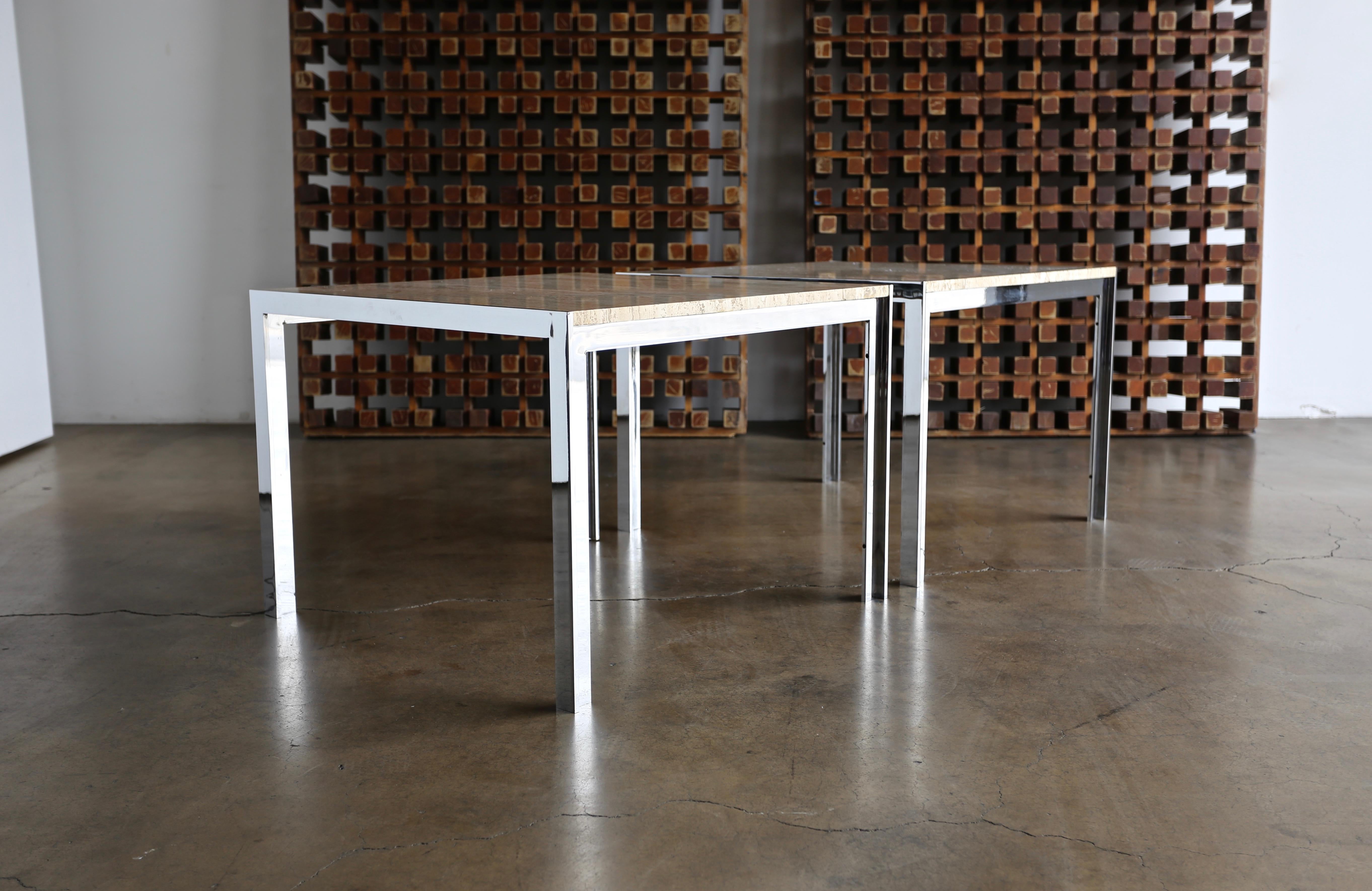 Mid-Century Modern Large Scale Chrome and Travertine Side Tables by Pace Collection, circa 1965