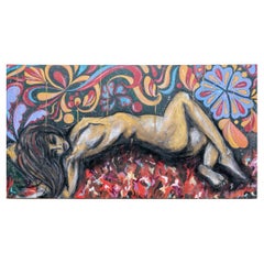 Vintage Large Scale Contemporary Acrylic On Canvas, Abstract With Reclining Nude
