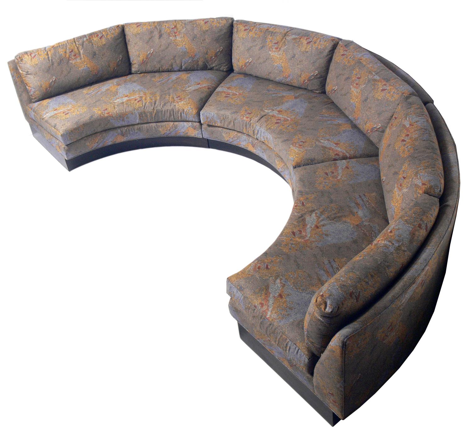 Large scale curved sectional sofa, designed by Erwin Lambeth, American, circa 1960s. It is a three section sofa for easier moving. This sofa is currently being reupholstered and refinished and can be completed in your fabric. The price noted