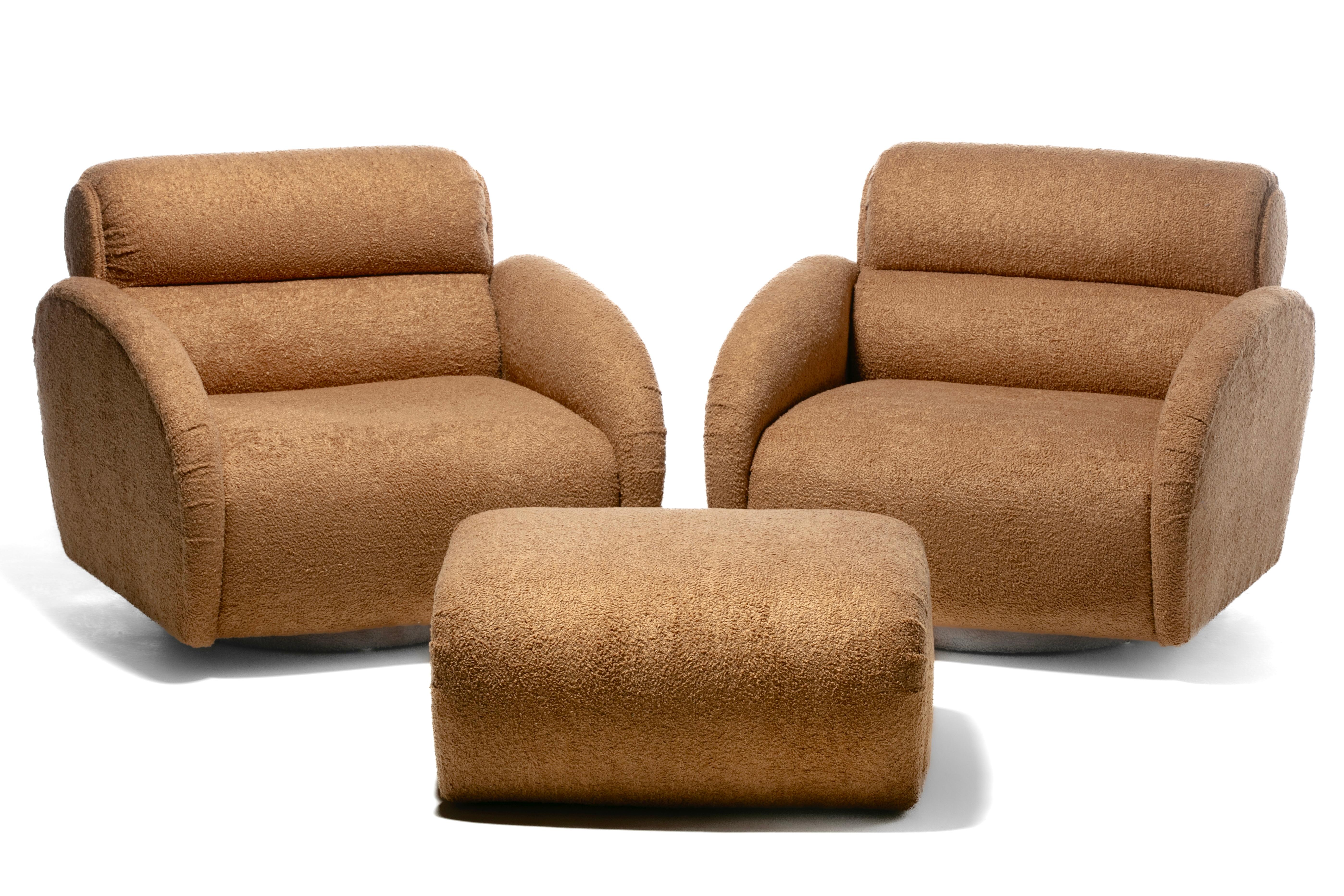 Stretch out and then some in these luxurious extra large Post Modern Directional Swivel Chairs newly professionally reupholstered in glimmering Mocha textured fabric. That side profile is killer. Major Modern Throne Chair. Attention buyers and