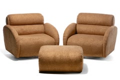 Large Scale Directional Post Modern Swivel Chairs & Ottoman in Mocha Fabric