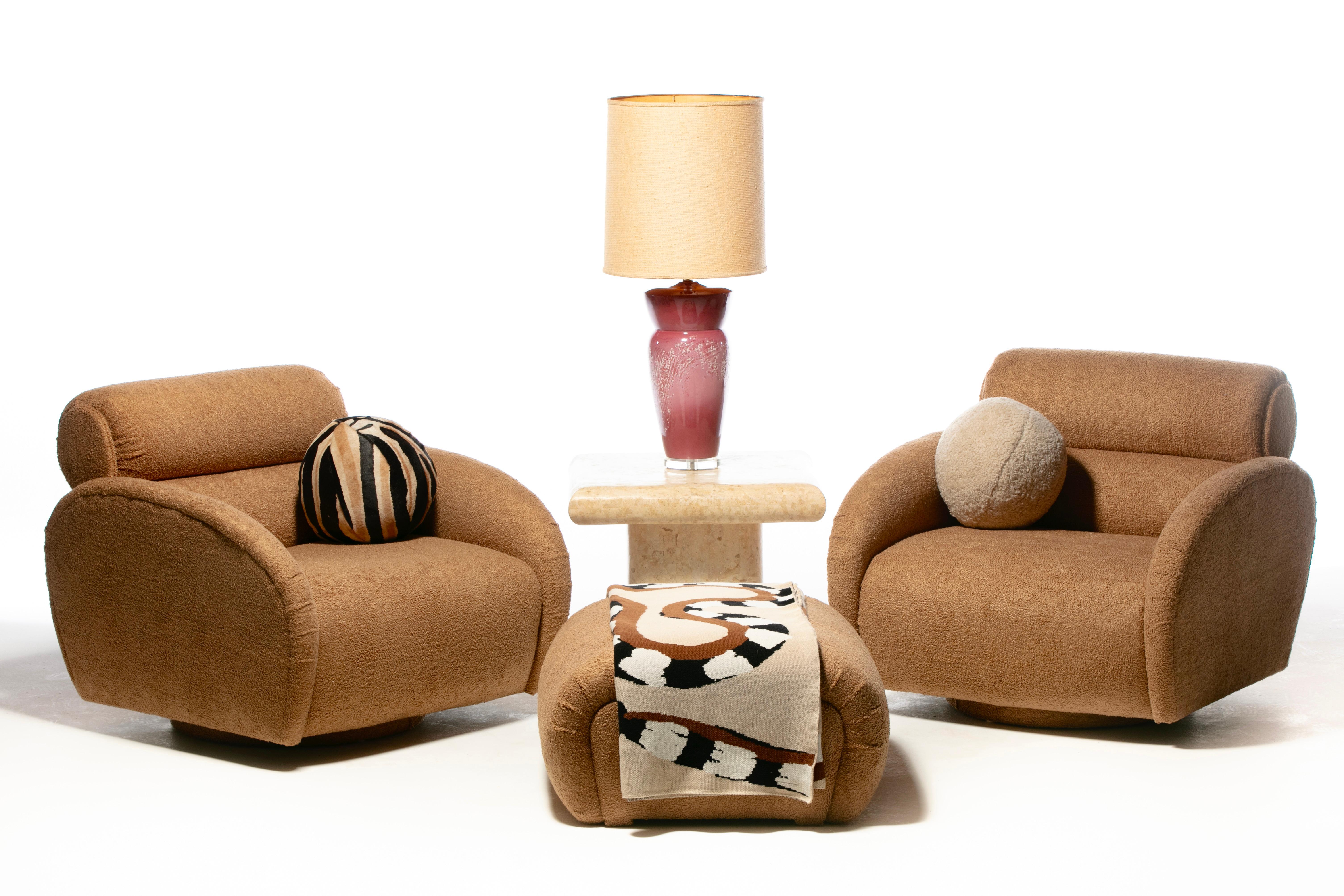American Large Scale Directional Post Modern Swivel Chairs & Ottoman in Mocha Fabric For Sale