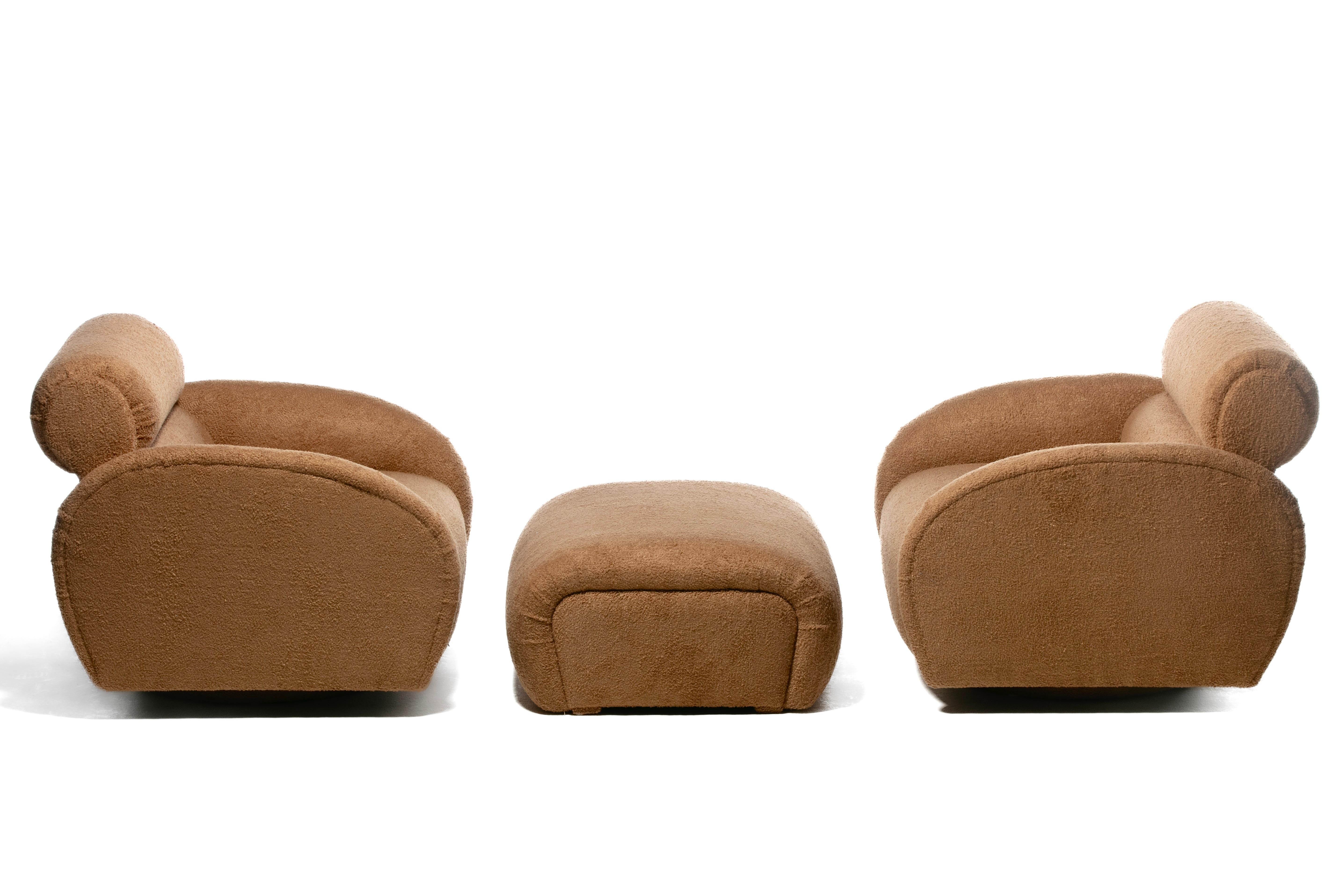 Late 20th Century Large Scale Directional Post Modern Swivel Chairs & Ottoman in Mocha Fabric For Sale