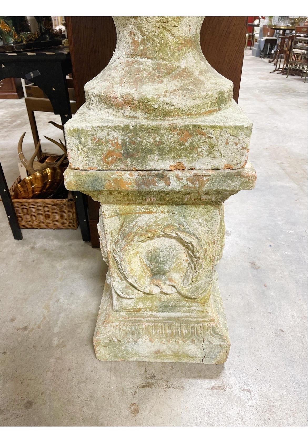 Large Scale Distressed Terracotta Urn on Stand In Good Condition In Atlanta, GA